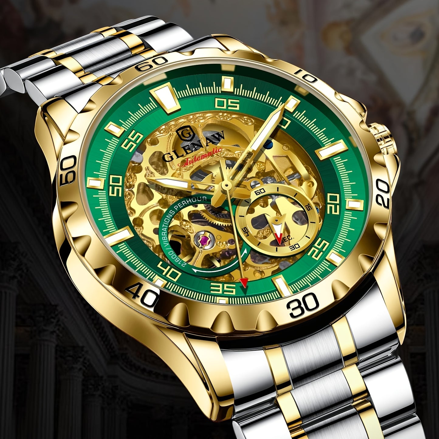 Men'S Automatic Watch with Flying Tourbillon Rotating Skeleton Mechanism - Stainless Steel Strap, Golden-Tone Dial, Mechanical Self-Winding Movement, Without Battery, Casual Style, Pointer Display