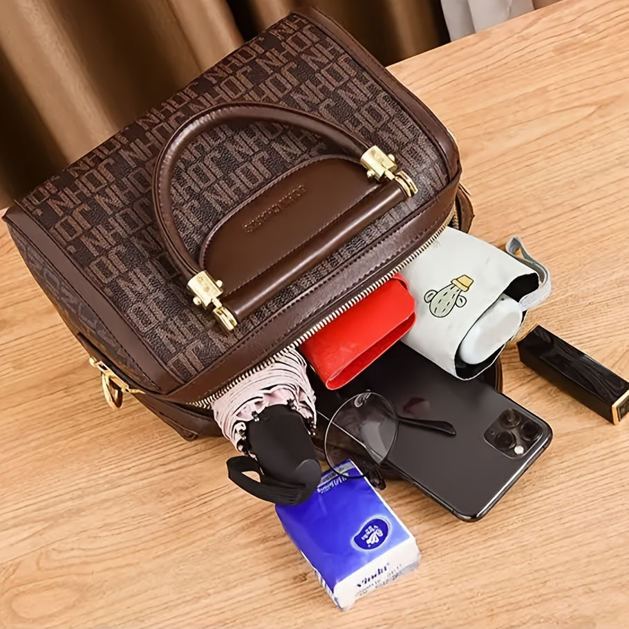 Sac à main synthétique de luxe pour femme – Boston bag marron élégant, hardware doré, bandoulière réglable, intérieur spacieux