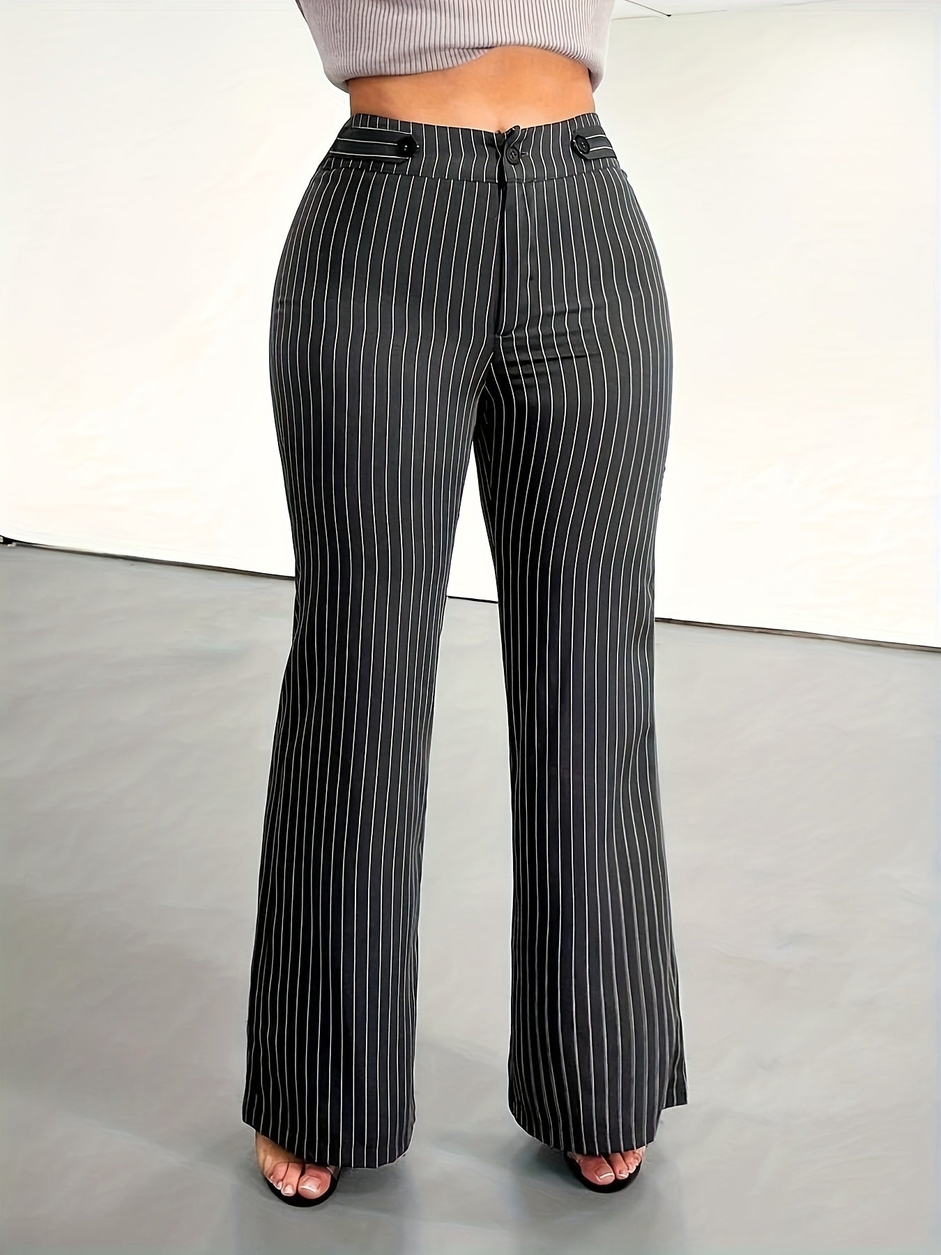 Pantalon Femme Élégant – Noir à Rayures Verticales, Coupe Droite, Bureau et Décontracté, Tous Saisons