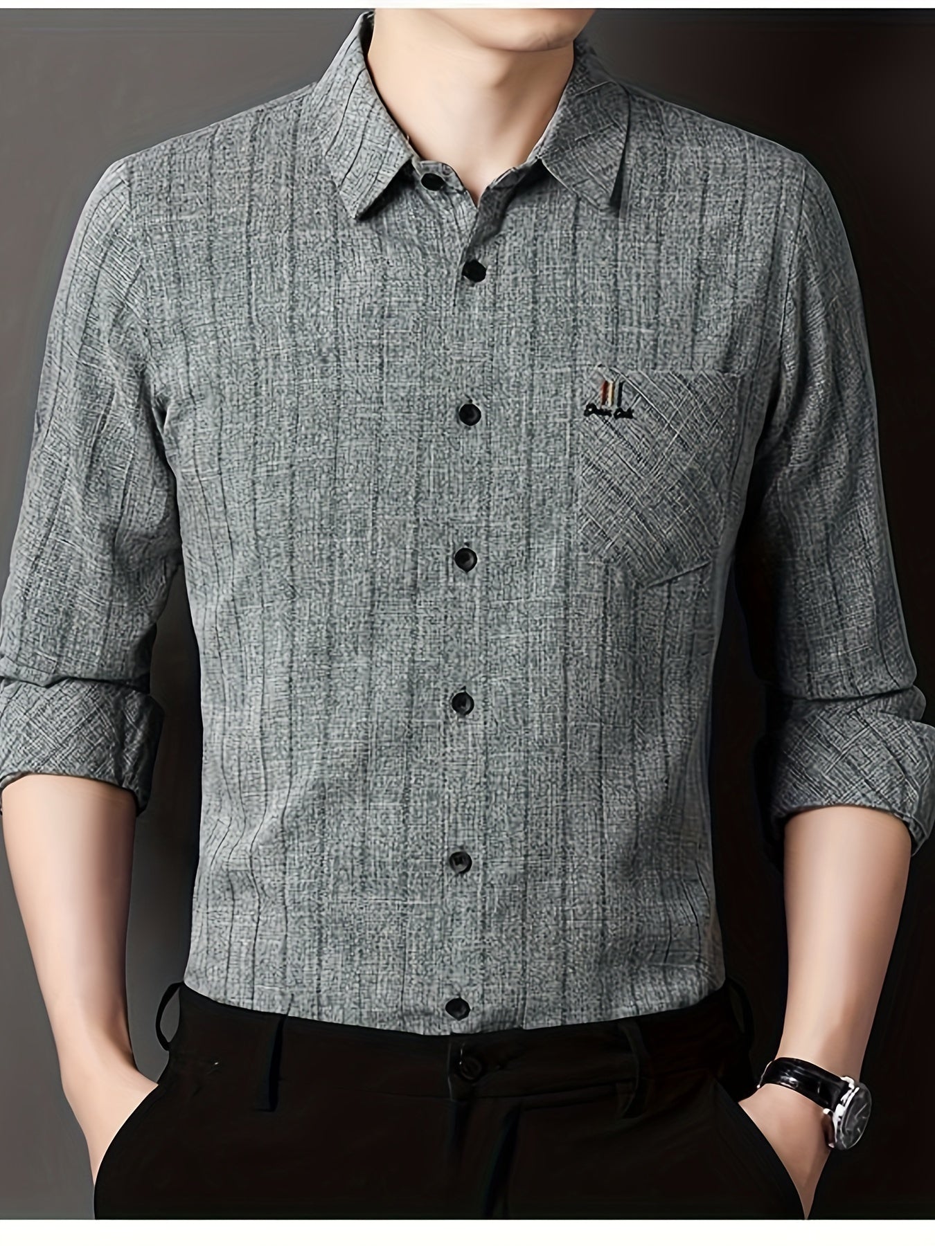Men'S Striped Shirt with a Chest Pocket, Casual Long-Sleeve Shirt with a Collar.
