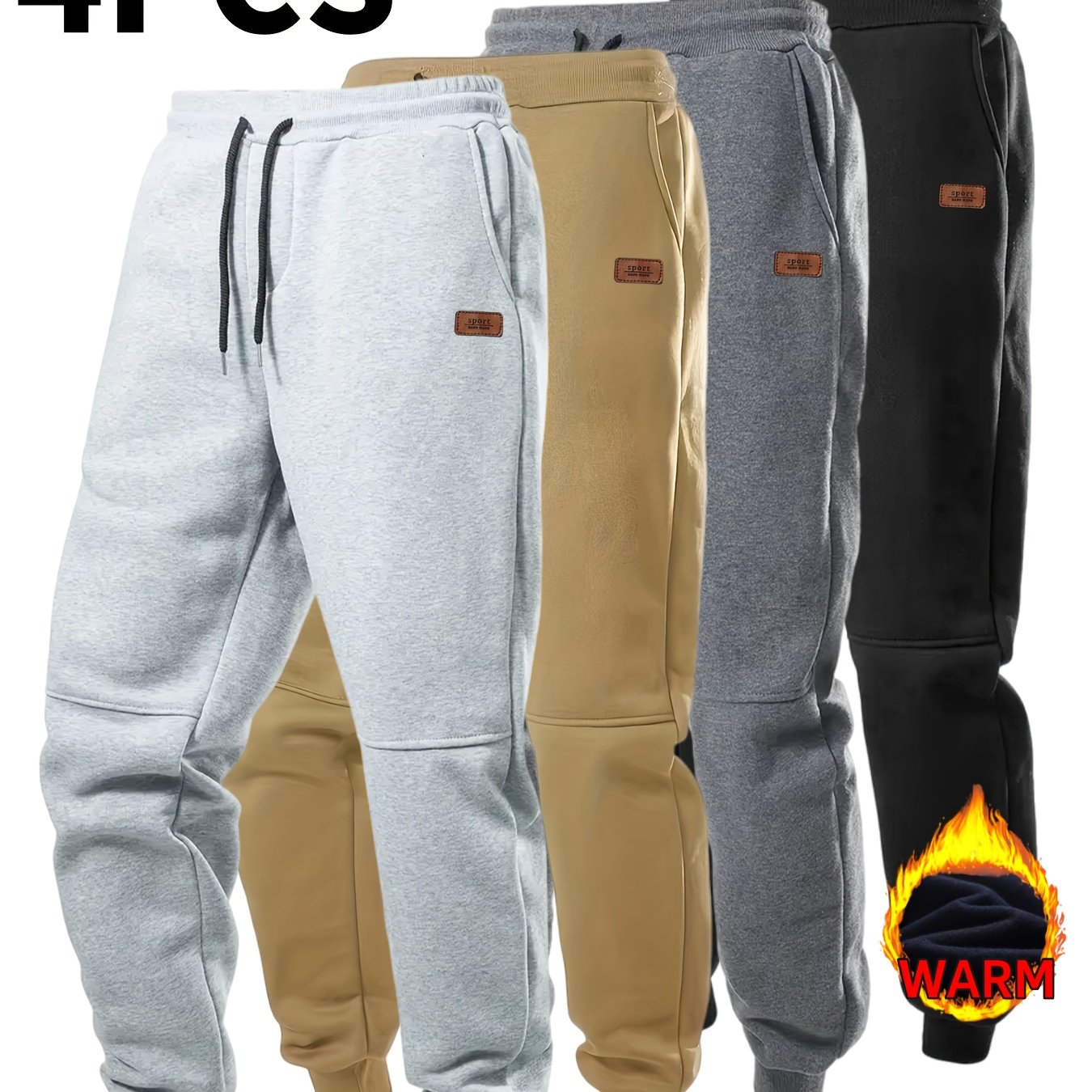 4pcs Pantalons Sport Homme – Automne/Hiver, Cordon, Tissu Élastique, Doublure Chaude, Casual