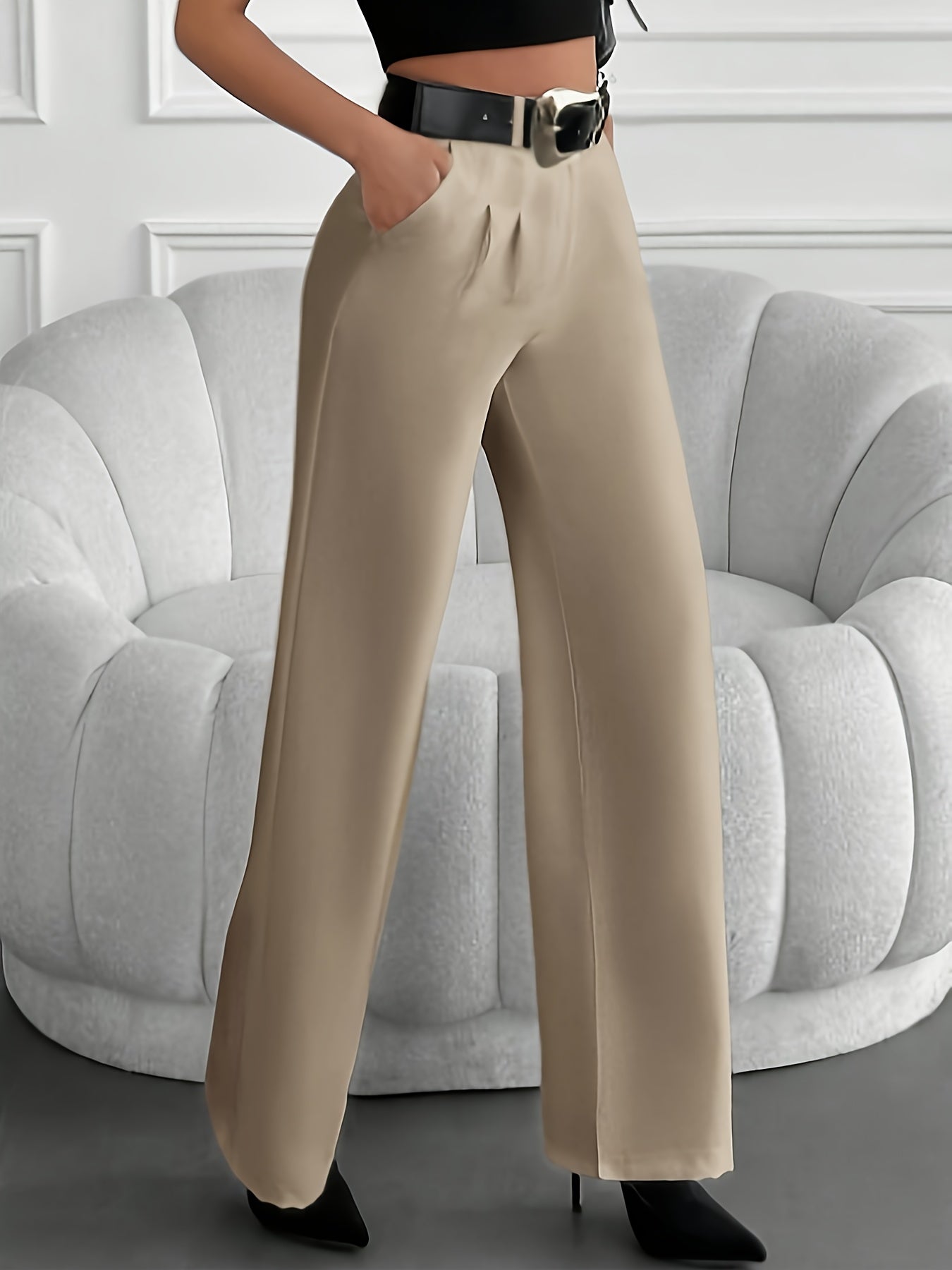 Pantalon Femme Élégant Jambe Large – Noir, Taille Haute avec Ceinture et Poches Latérales