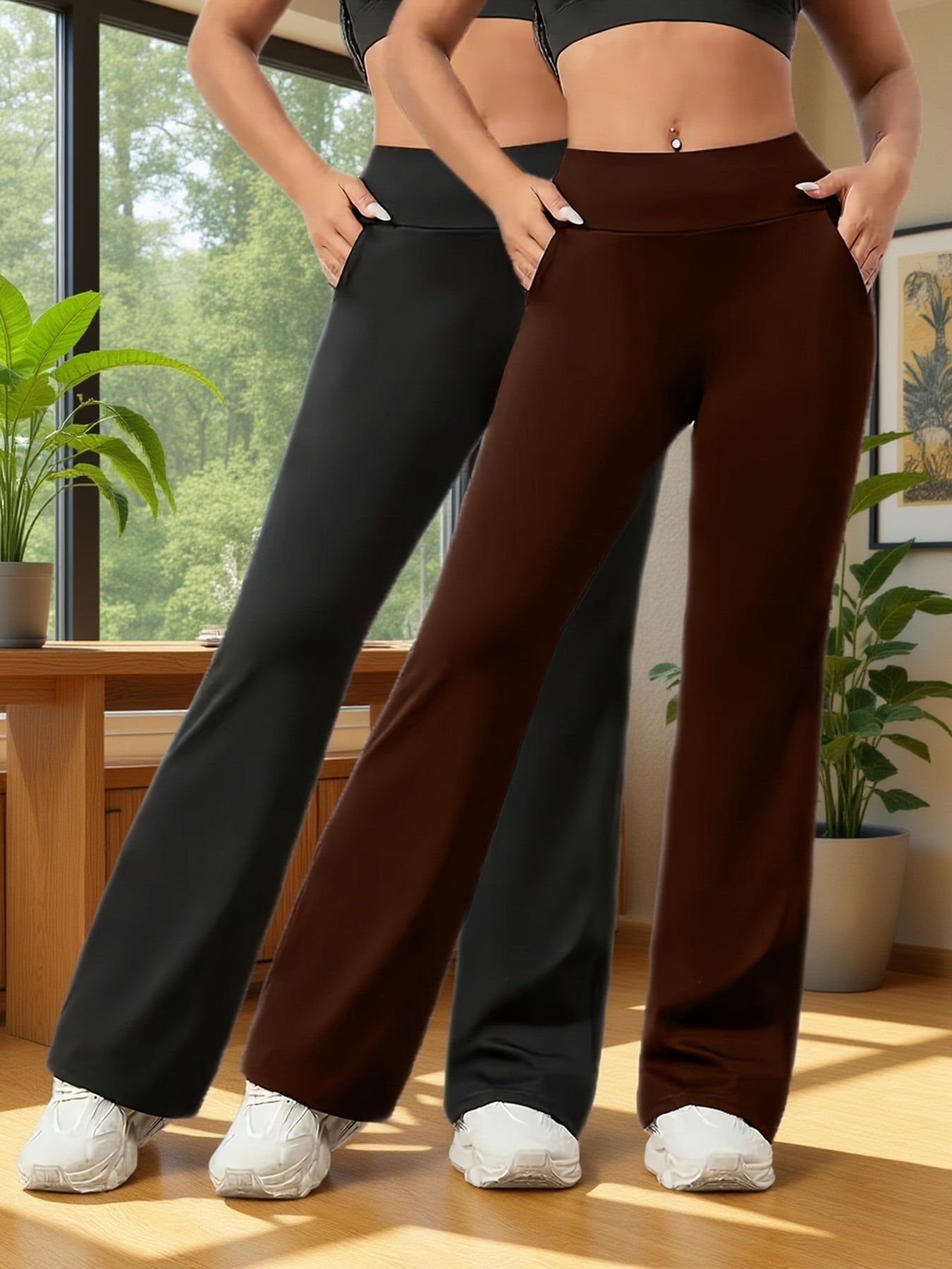 Lot de 2 Pantalons Femme Taille Haute Évasés – Contrôle du Ventre et Lifting, Taille Élastique, Extensible Noir/Bordeaux, Tous Saisons