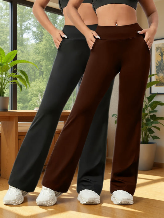 Lot de 2 Pantalons Femme Taille Haute Évasés – Contrôle du Ventre et Lifting, Taille Élastique, Extensible Noir/Bordeaux, Tous Saisons