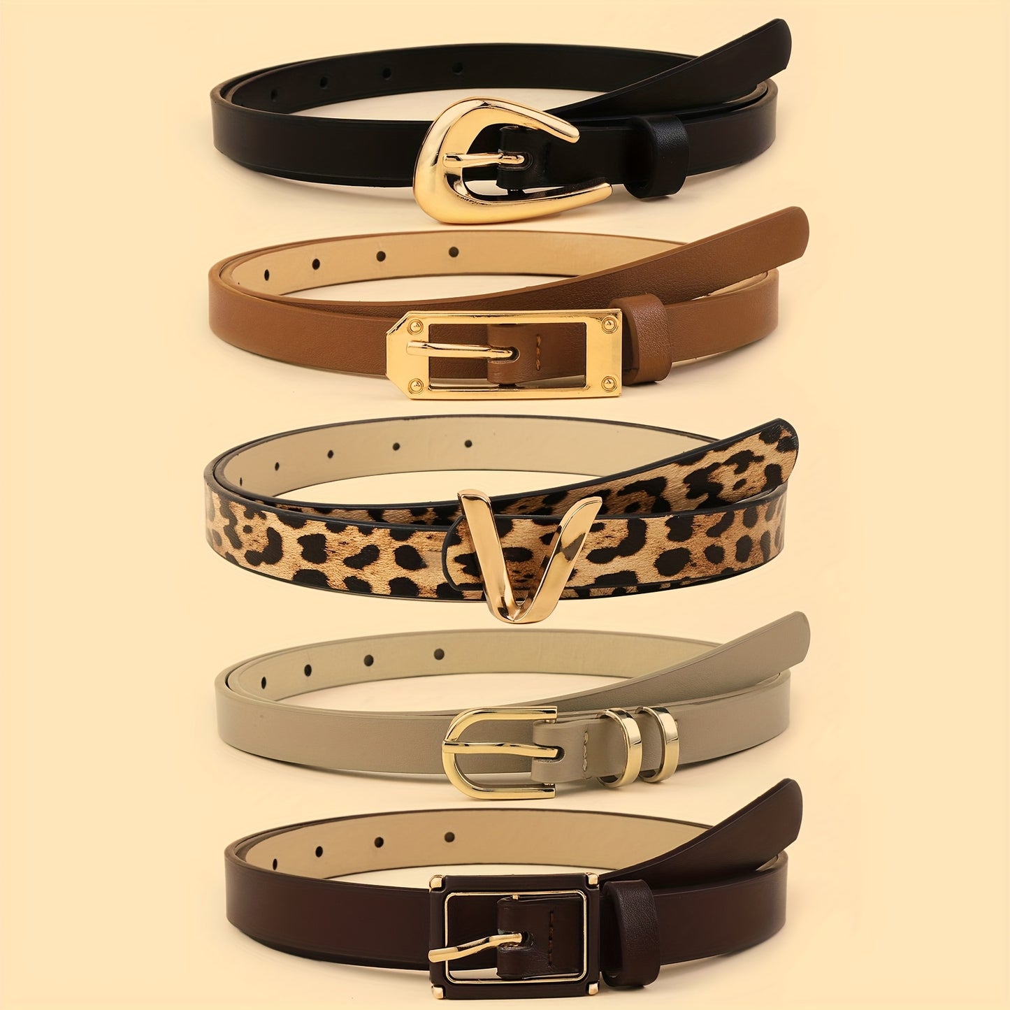 Lot de 5 ceintures en similicuir pour femme avec boucles dorées - Imprimé léopard bohème et texturé