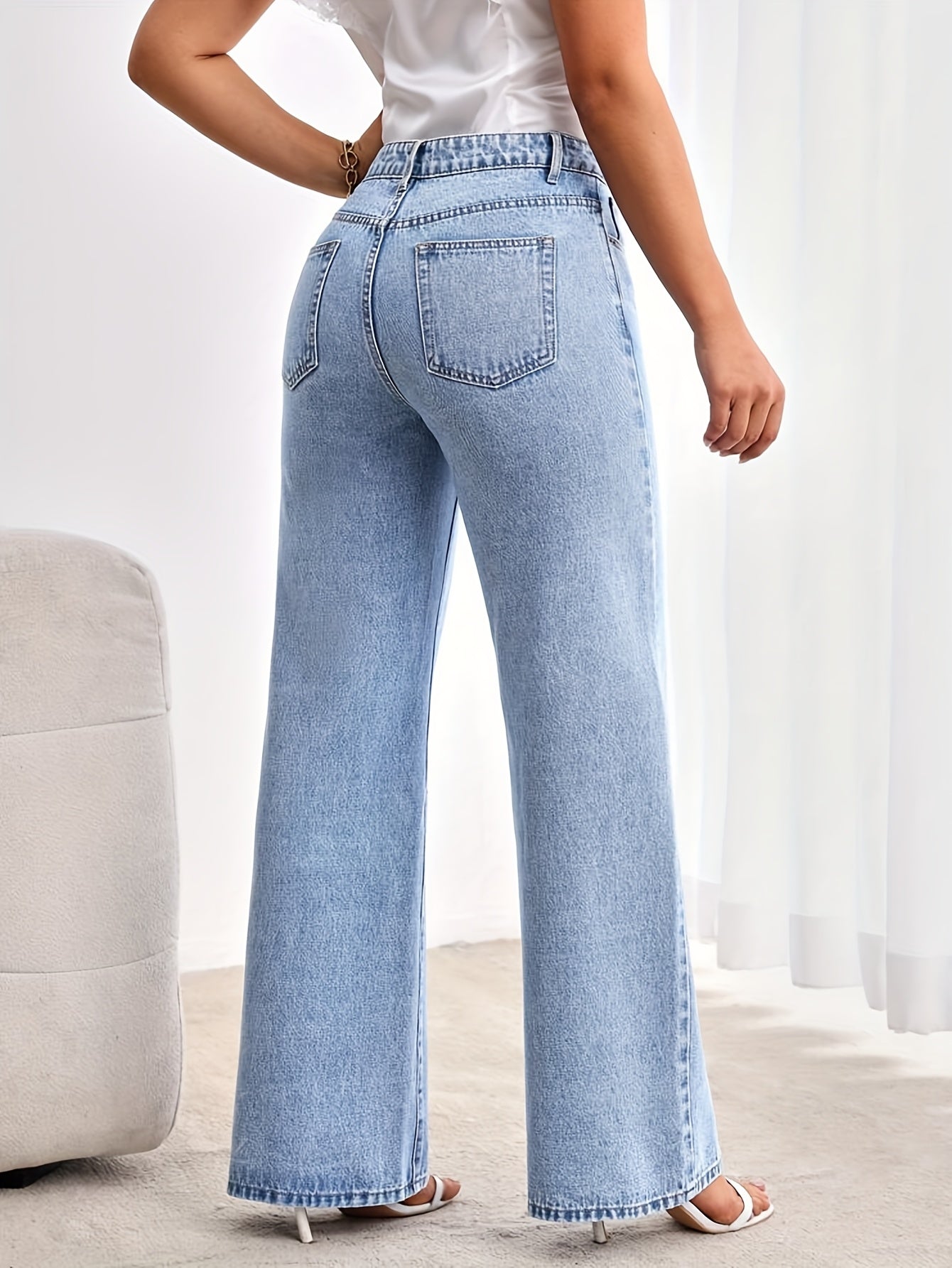 Jeans Femme Taille Haute Extensible Jambe Large Bleu Clair Coupe Ample Décontracté Toute Saison Confortable Effet Usé