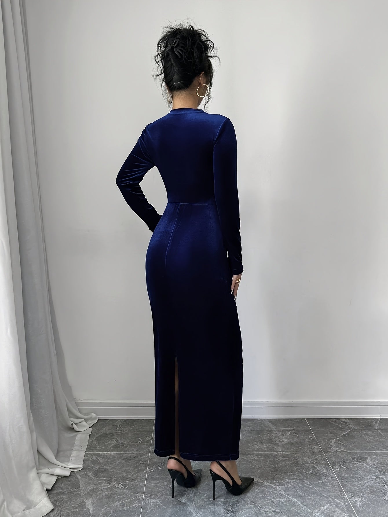 Women's Elegant Asymmetric Long Maxi Dress with Stand Collar & back slit - Solid Color Fitted Gown, Machine Washable Wedding Guest Gown, Prom Dress, for all-Season Wear - Formal Evening Dress