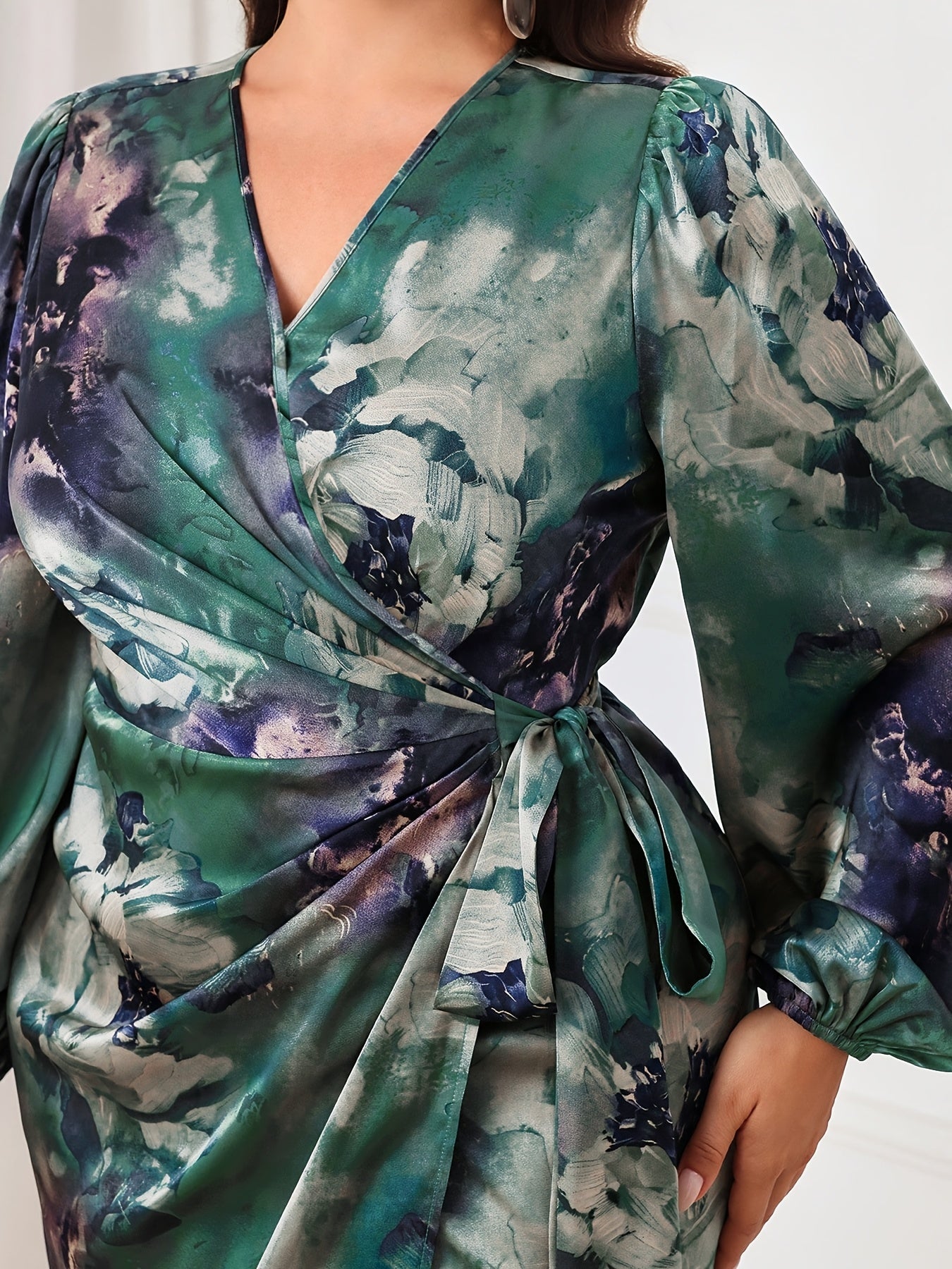 Robe maxi grande taille femme – imprimé floral élégant, manches lanterne, col croisé, taille ajustable, manches longues, coupe bodycon, lavable en machine, tenue toutes saisons