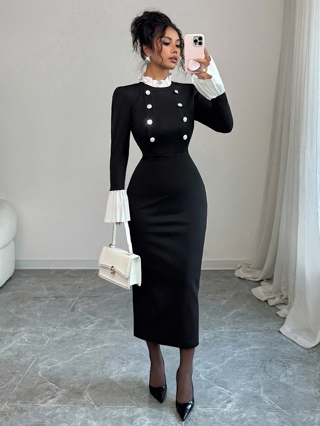 Robe Femme Élégante Maxi pour Soirée et Quotidien — Manches Longues, Fermeture Boutons sur le Devant, Coupe Flatteuse, Parfaite pour Soirées, Bureau et Rendez-vous, Port Toute Saison, Style Sophistiqué, Fini Poli, Tenue Chic