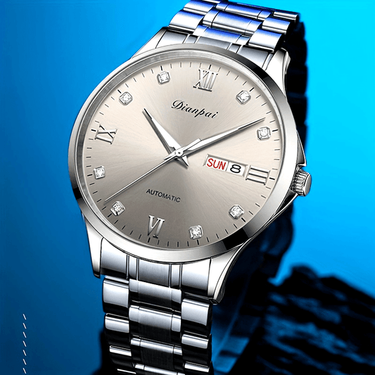 Men's Automatic Mechanical Watch Stainless Steel Luxury Rhinestone-Accented Dial Date Display Business Casual Wristwatch Gift for Him, Bling Watches, Formal Timepiece