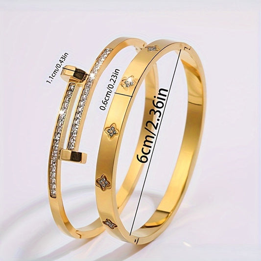 Lot de 2 bracelets vintage en acier inoxydable – design unique, tendance et polyvalent, unisexe, pour voyages quotidiens, mariages, fêtes ou vacances, ornés de strass, style original, plaqués