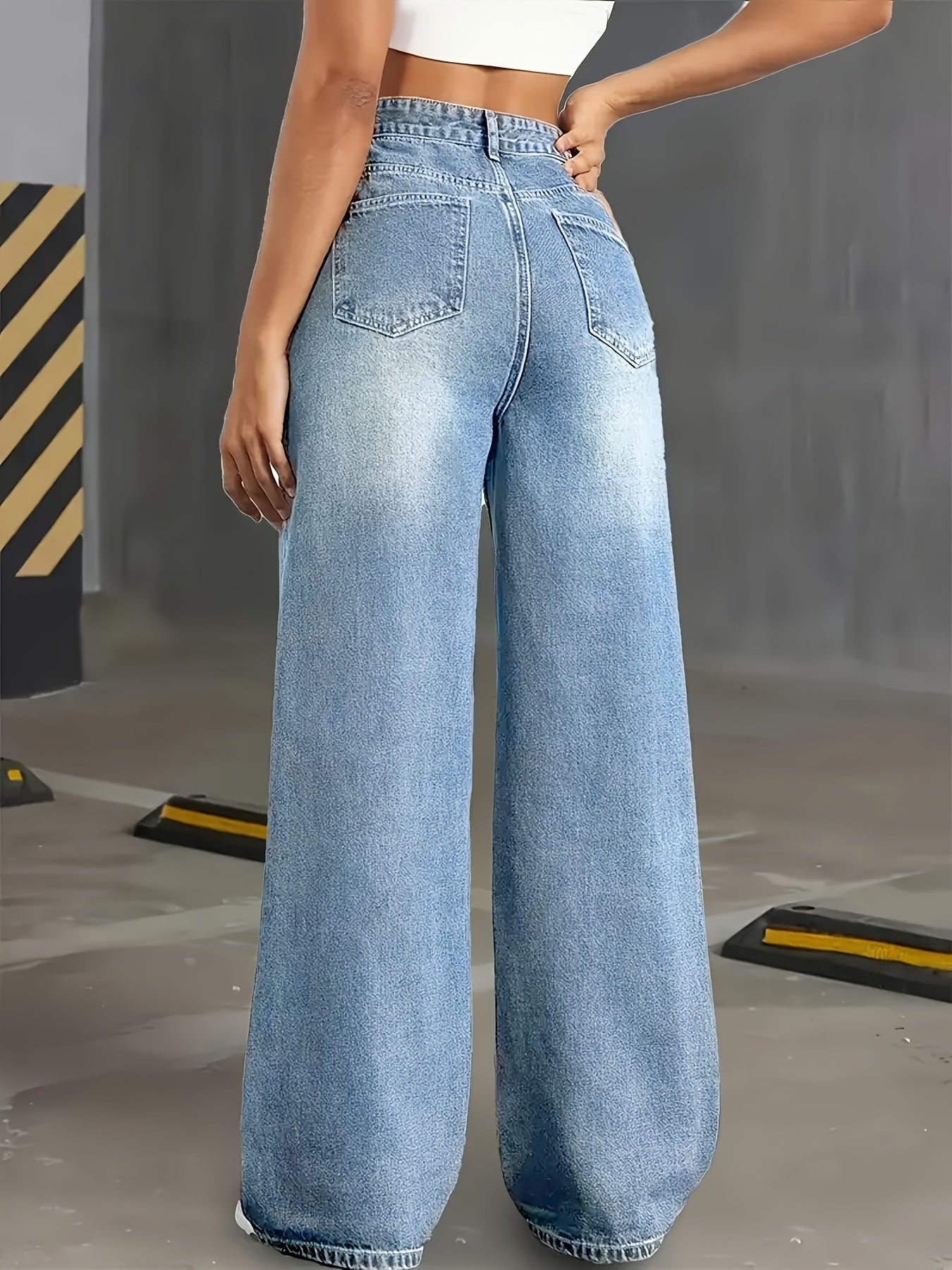 Jeans Femme Grande Taille Jambe Large Blanc Effet Usé Boutons Taille avec Poches Toute Saison Décontracté et Chic