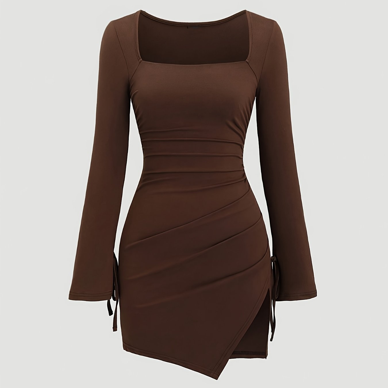 Robe Femme Élégante Y2K – Col Carré, Coupe Sirène, Manches Longues, A-Ligne, Fente Bas, Marron, Idéale Invité Mariage et Soirées Automne/Hiver, Lavable en Machine
