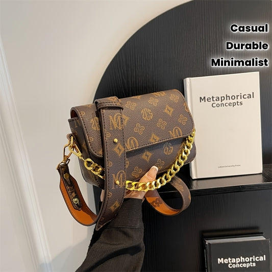 Sac bandoulière femme marron café – chaîne dorée, fermeture à boucle réglable, petit sac carré pour trajets, usage décontracté ou professionnel, accessoire élégant et pratique