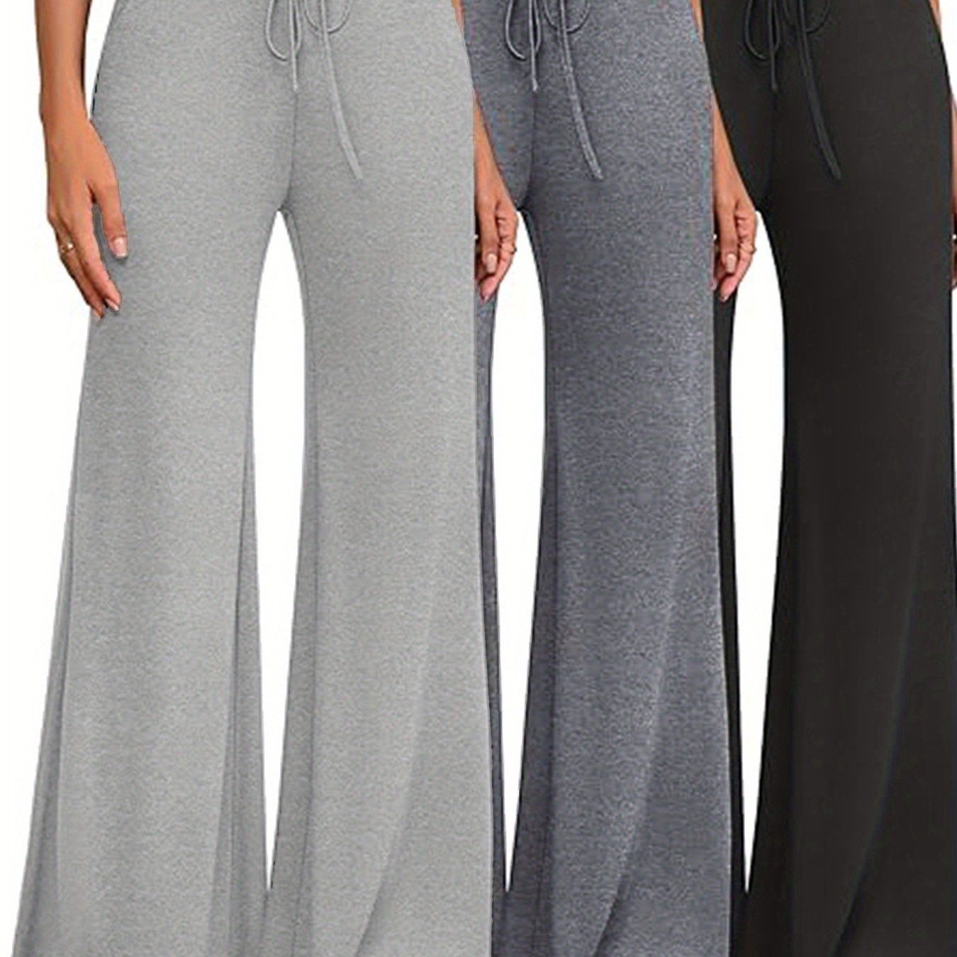 Lot de 3 Leggings Femme Taille Haute – Jambe Large Évasée, Couleur Unie avec Taille Fausse Cordon et Poches