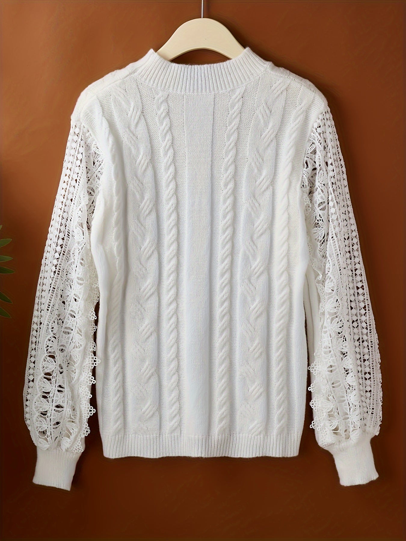 Pull élégant pour femmes à col montant, manches longues, motif géométrique, semi-transparent avec bordure en dentelle, automne-hiver, confort extensible, style casual et formel
