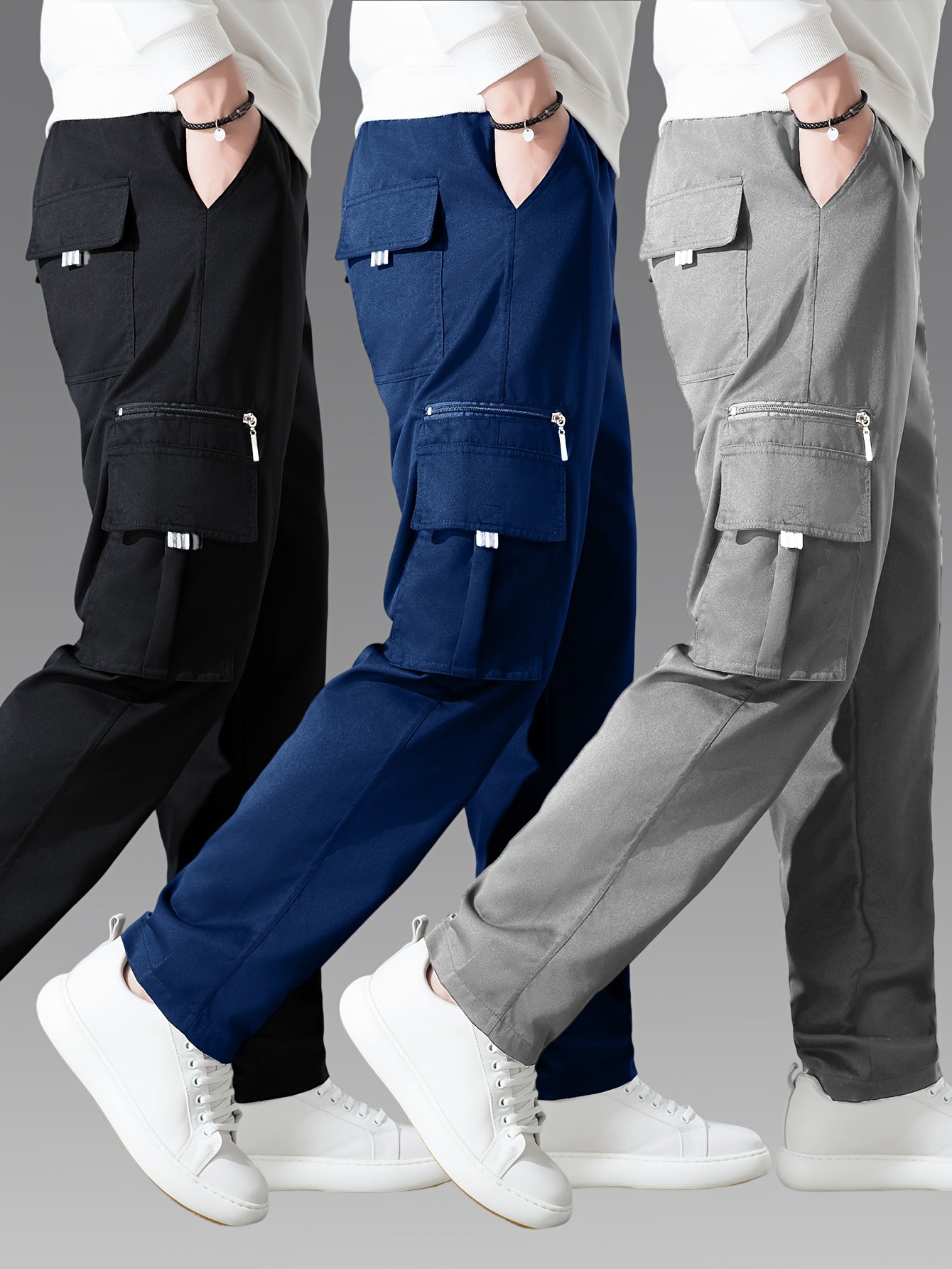 3pcs Pantalons Cargo Homme – Casual, Multipoches, Jambe Droite, Polyester, Regular Fit