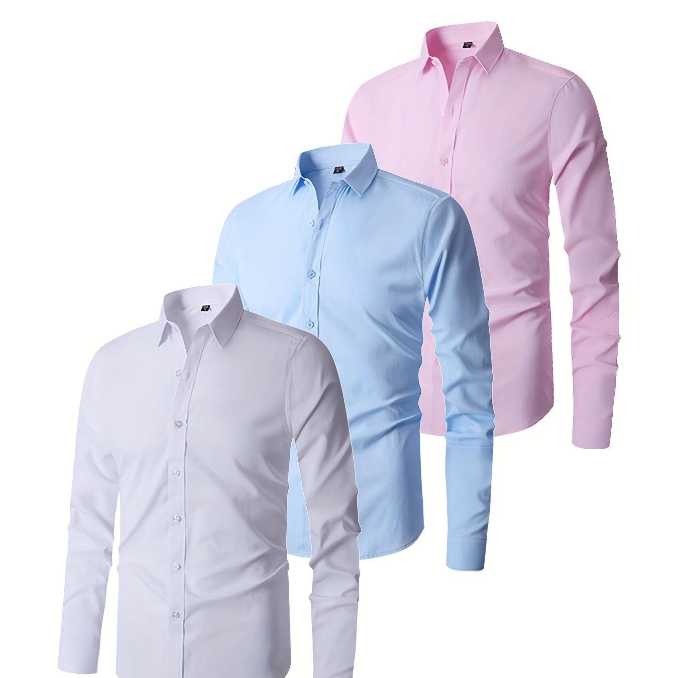3pcs Men's Regular Fit Solid Color Business Long Sleeve Shirts, Thin All-Season Dress Shirts, Wrinkle-Free Wedding Shirts, Casual Office Wear, Graduation Formal Long Sleeve Shirts Set