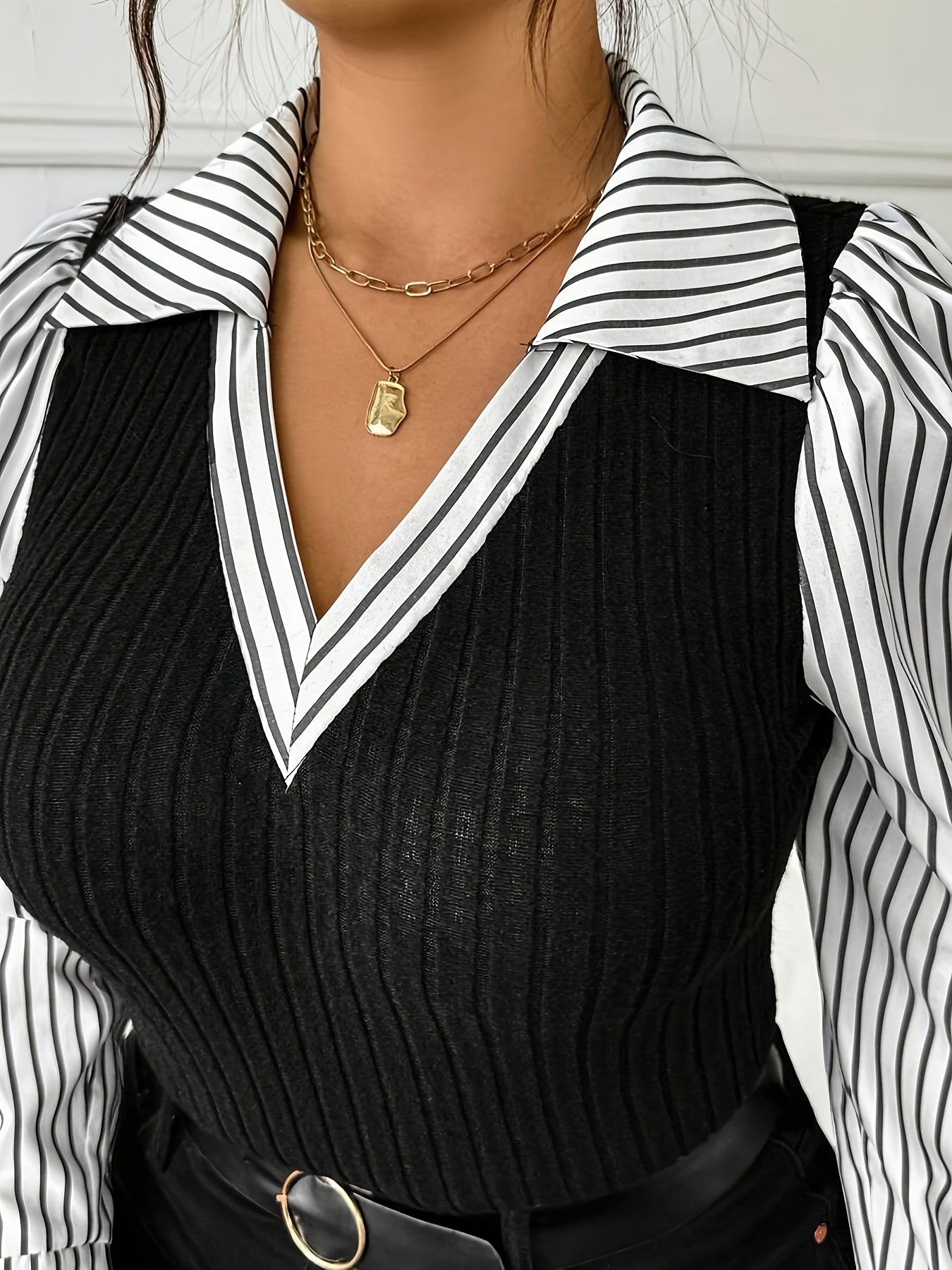 Haut femme grande taille, patchwork effet deux-pièces avec col