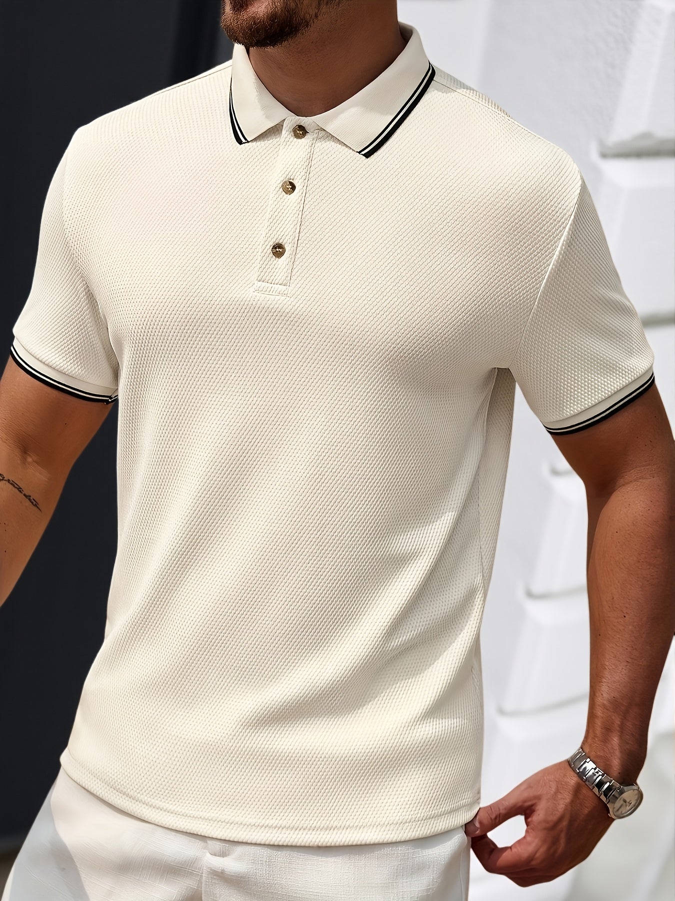 Larsen OBM Men's Summer Shirt - Breathable Pineapple Texture Fabric, Solid Color Collar with Contrast Trim, Regular Fit for Casual & Business Outdoor Wear, Machine Washable