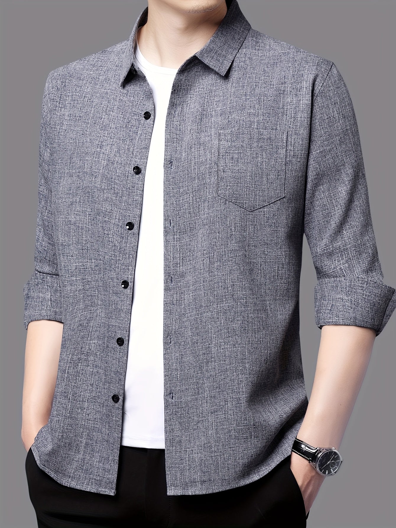 Men's Breathable Long Sleeve Shirt - Black, Button-Up Collar Design with Chest Pocket, Lightweight & Moisture-Wicking Fabric for Casual Wear, Perfect for Spring & Summer, Breathable Apparel | Classic Buttonup Shirt | Nonstret