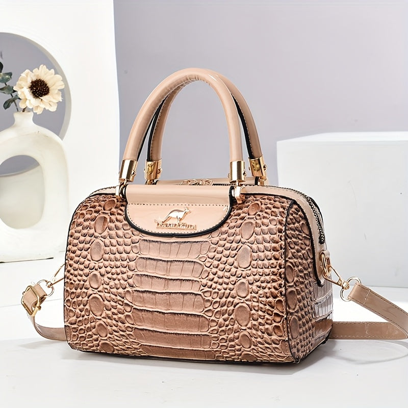 Sac noir en PU pour femmes – motif crocodile brillant, fermeture zippée, grande capacité, sac oreiller, bandoulière simple, idéal travail, trajets et voyage