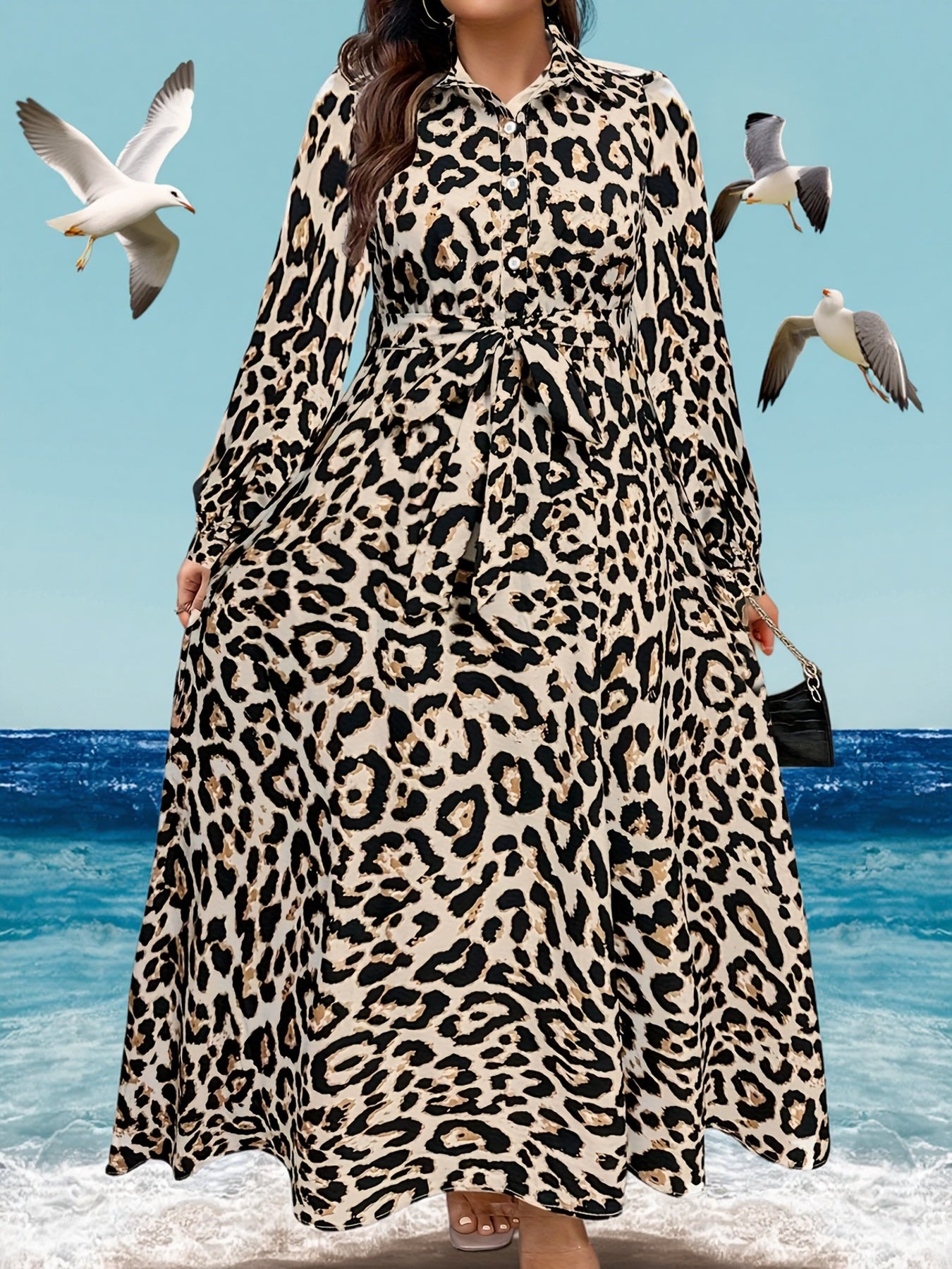 Robe Chemise Léopard Grande Taille pour Femme – Élégante avec Boutonnage Frontal, Ceinture à la Taille et Manches Longues, Col Classique, Parfaite pour le Printemps et l’Automne, Mode Féminine Grande Taille