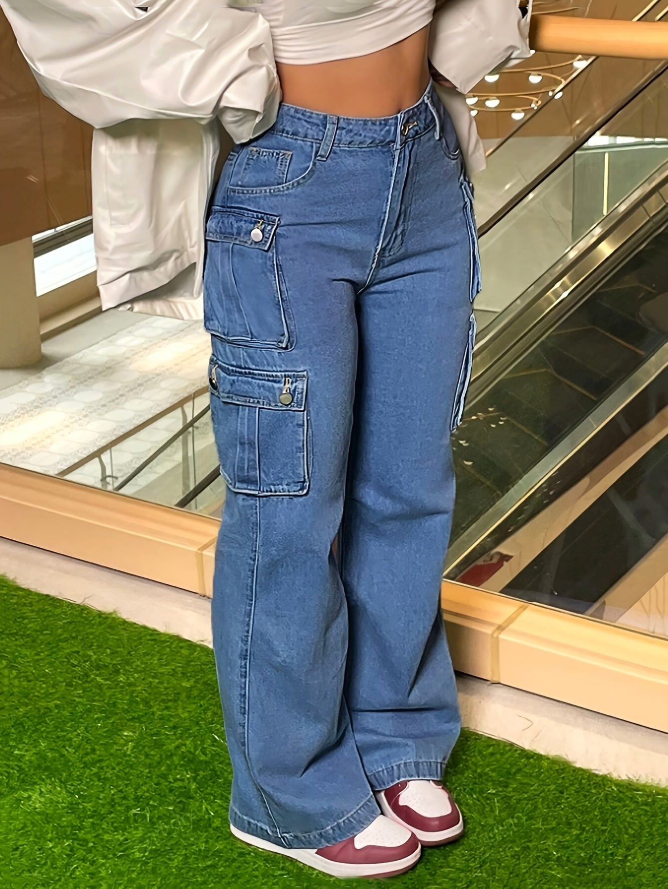 Pantalon évasé pour femme  avec poches multiples, style décontracté, pantalon de travail