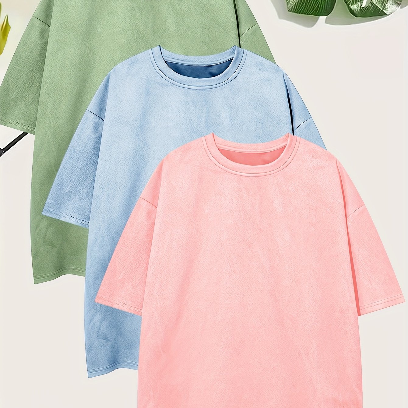 Pearson OBM Men'S Casual Loose Solid Color Faux Suede T-Shirt Set of 3, Short-Sleeve Round Neck Comfortable Tops.