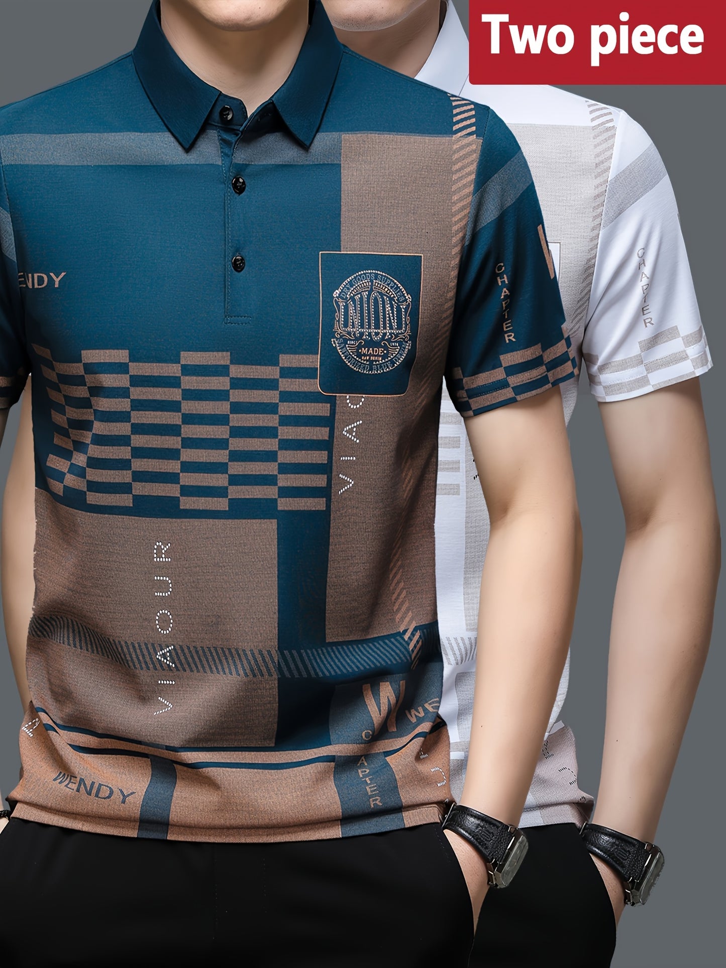 A Set of Two 380G Short-Sleeve Polo Shirts with a Collar, Featuring a Stylish Plaid Design And English Decorations for Men, Perfect for Summer.
