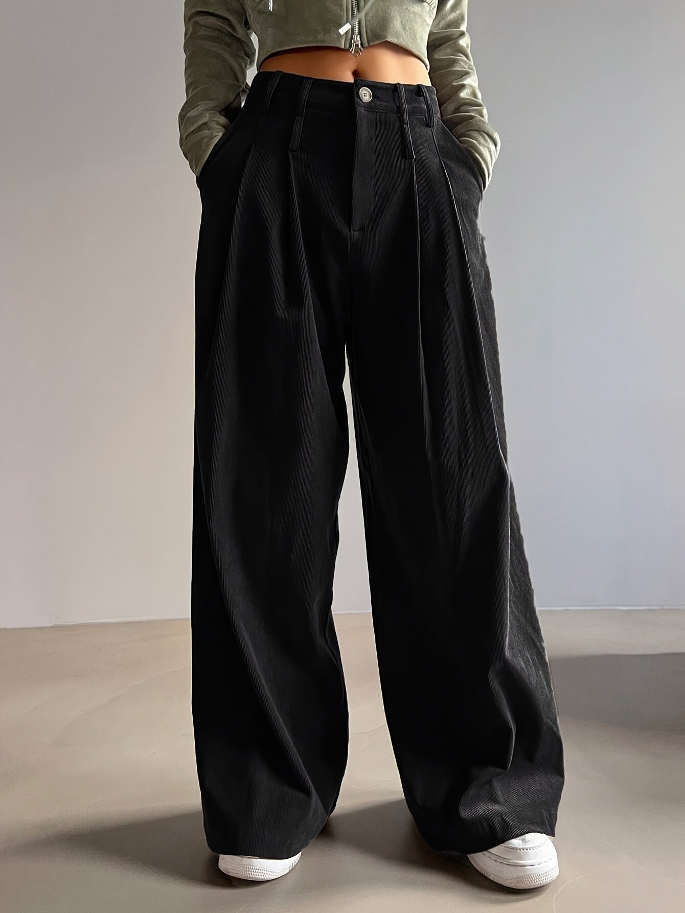 Pantalon Femme Élégant Taille Haute – Jambe Large, Hiver Épais, Boutons, Tissu Non Extensible, Bureau et Décontracté, Automne/Hiver