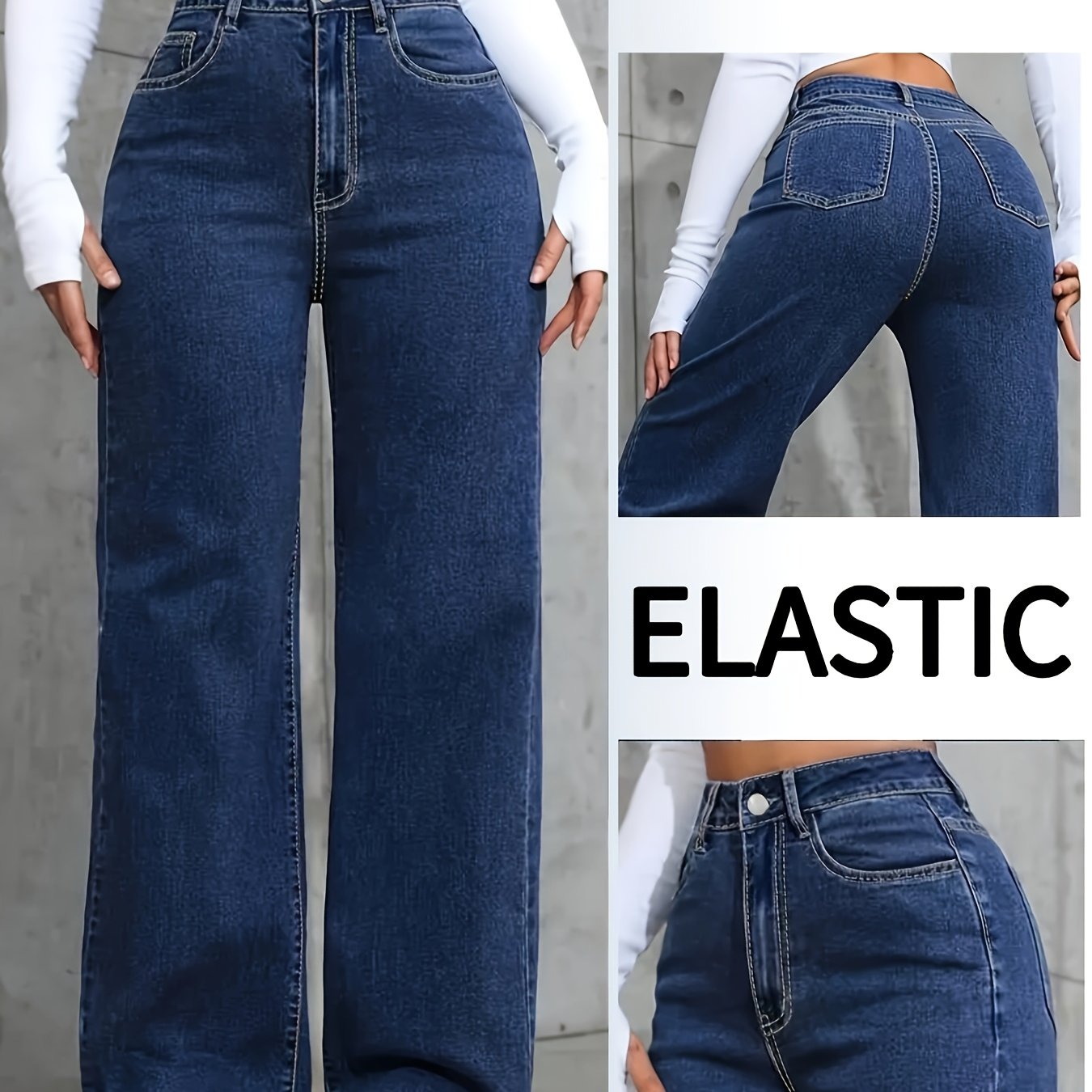 Jeans Femme Taille Haute – Coupe Droite, Bleu Denim avec Poches, Extensible, Style Décontracté, Fermeture Boutons, Confort Toutes Saisons, Tissu Durable