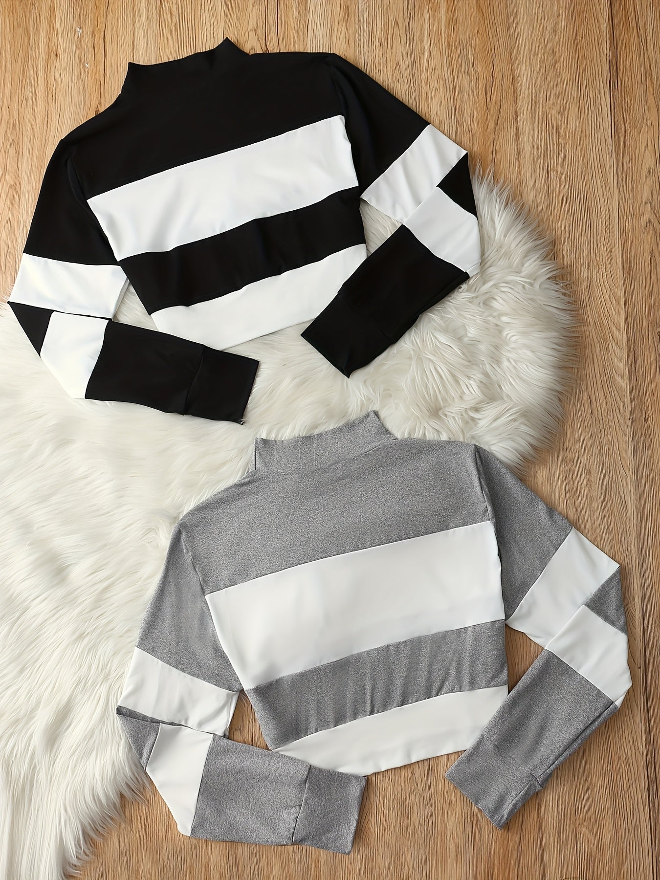 Set Femme 2 Pièces T-Shirt Long Bloc Couleurs et Crop Top Col Montant