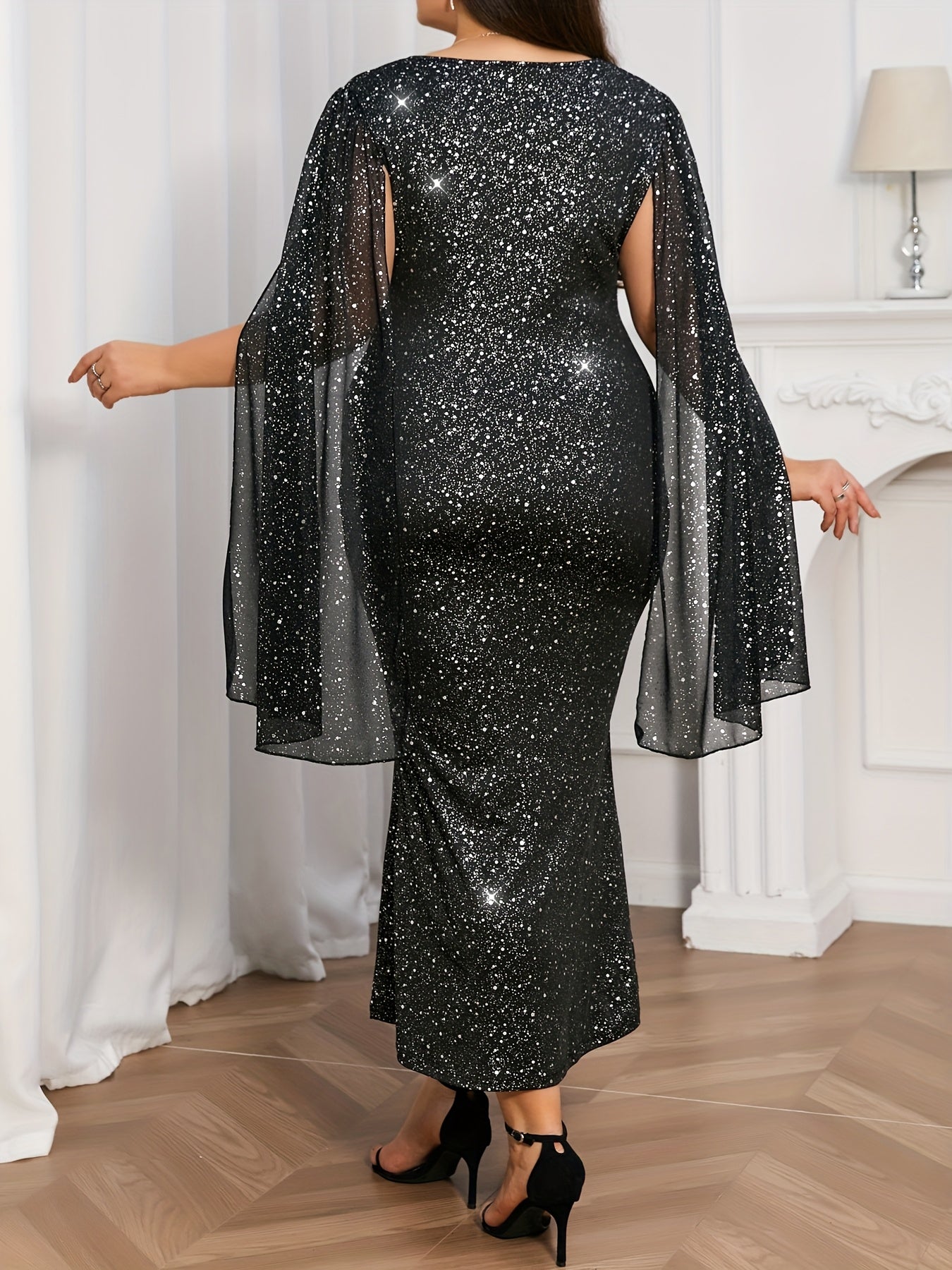 Plus Size, Women's Plus Size Elegant Shiny Party Dress with Sparkling Sequin & Star Print - Mermaid/Trumpet Silhouette Floor-Length Formal Evening Gown, Machine Washable for Prom, Galas & Special Occasions - Round Neckline, H