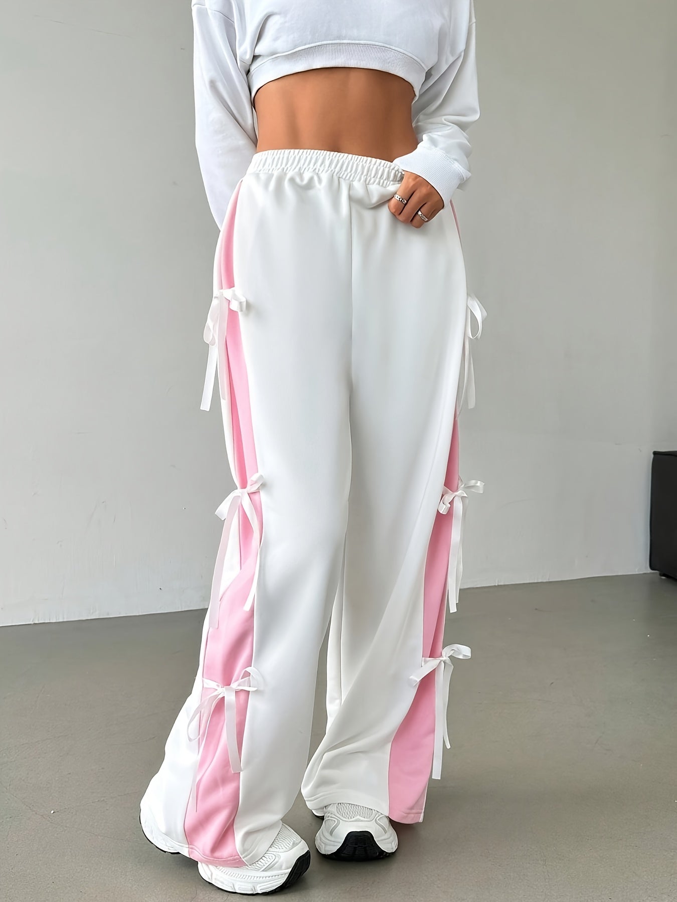 Pantalon Femme Taille Haute – Jambe Large avec Rayures Contraste Rose/Blanc, Taille Élastique à Cordon, Décontracté, Printemps/Été/Automne