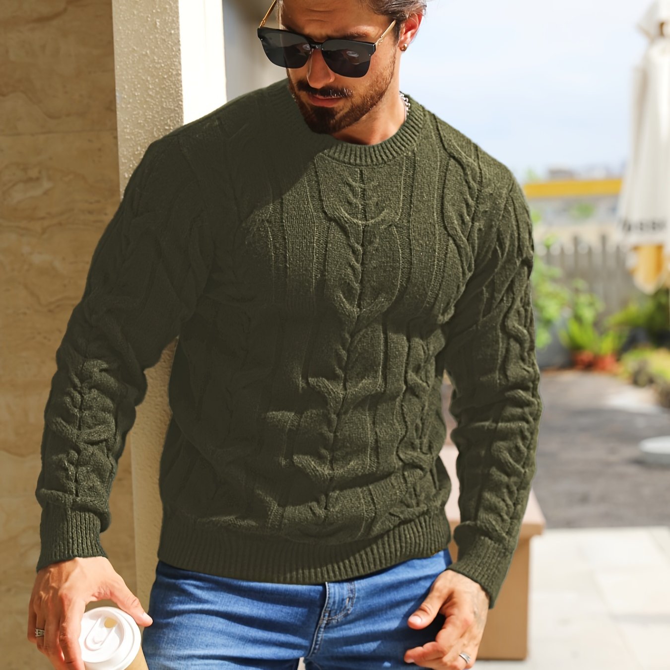 Men's Casual Striped Pullover Sweater - Soft Stretch Knit Crewneck Long Sleeve, Machine Washable H-Fit Ribbed Trim for Autumn Winter, Medium Elasticity Fabric