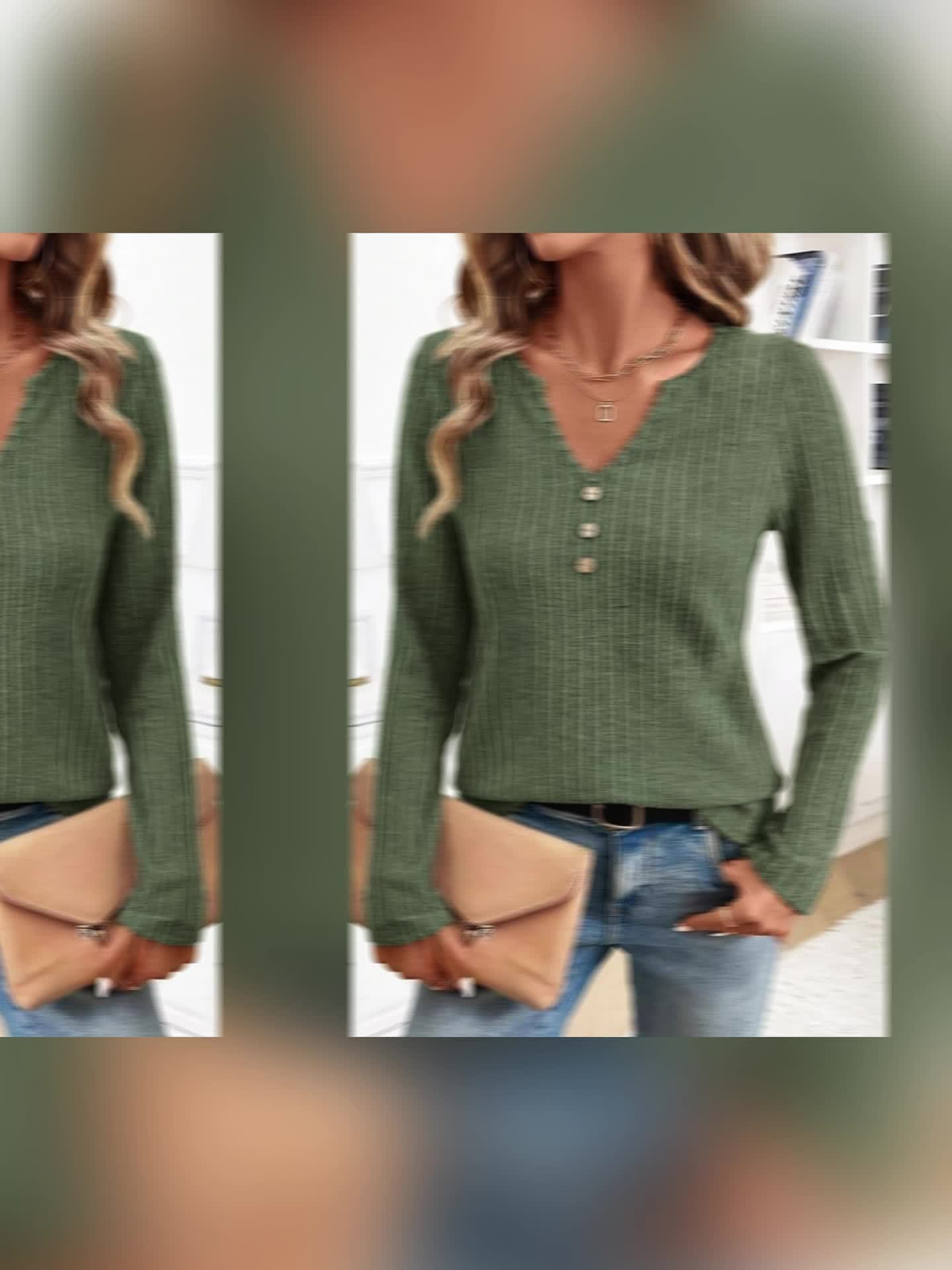 Ensemble 2 pièces pour femmes – T-shirts à manches longues, col en V, côtelé, couleur unie, automne