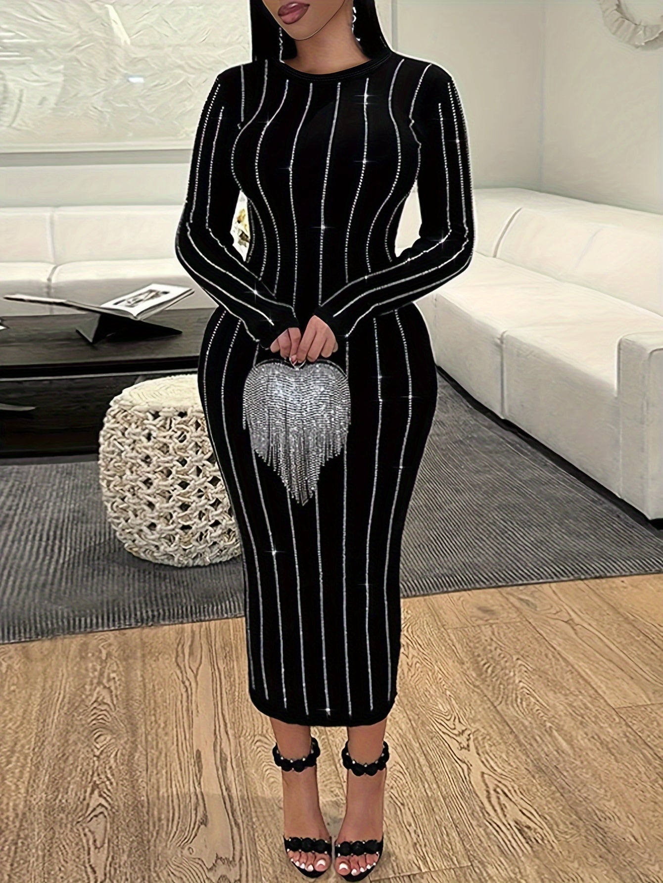 Women's Striped Bodycon Dress Suitable for - Sparkling Rhinestone Round Neck Strapless-able (Strapless Compatible) Dress, Spring/Fall Wedding Guest Dress, Hand Washable Moderate Stretch