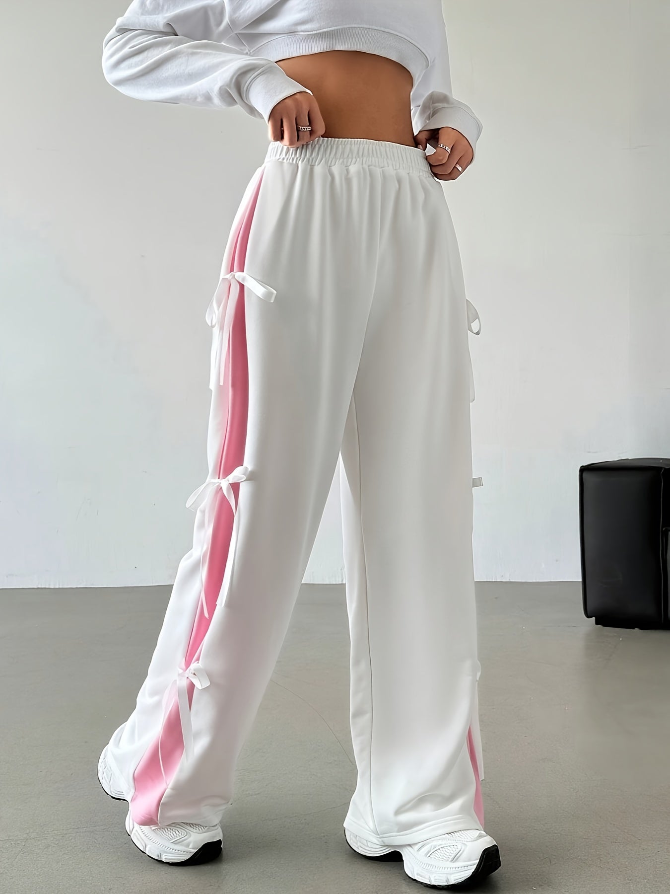 Pantalon Femme Taille Haute – Jambe Large avec Rayures Contraste Rose/Blanc, Taille Élastique à Cordon, Décontracté, Printemps/Été/Automne