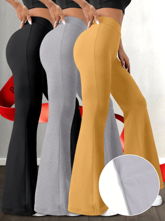 Lot de 3 Pantalons Femme Taille Haute – Jambe Évasée, Couleur Unie, Extensibles et Confortables