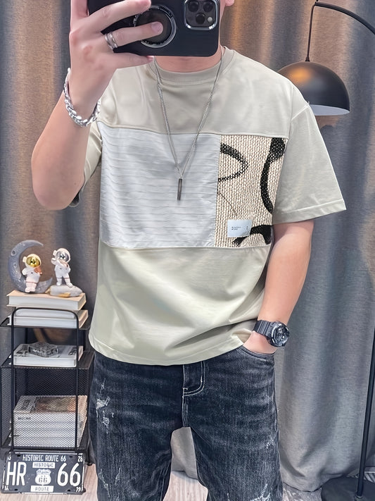 Men'S Slim-Fit Breathable Short Sleeve T-Shirt - Summer Casual Round Neck Tee with Geometric Pattern, Wrinkle-Resistant & Fade-Resistant, Lightweight for Casual Attire, Breathable Clothing | Trendy Casualwear | Comfortable Fi