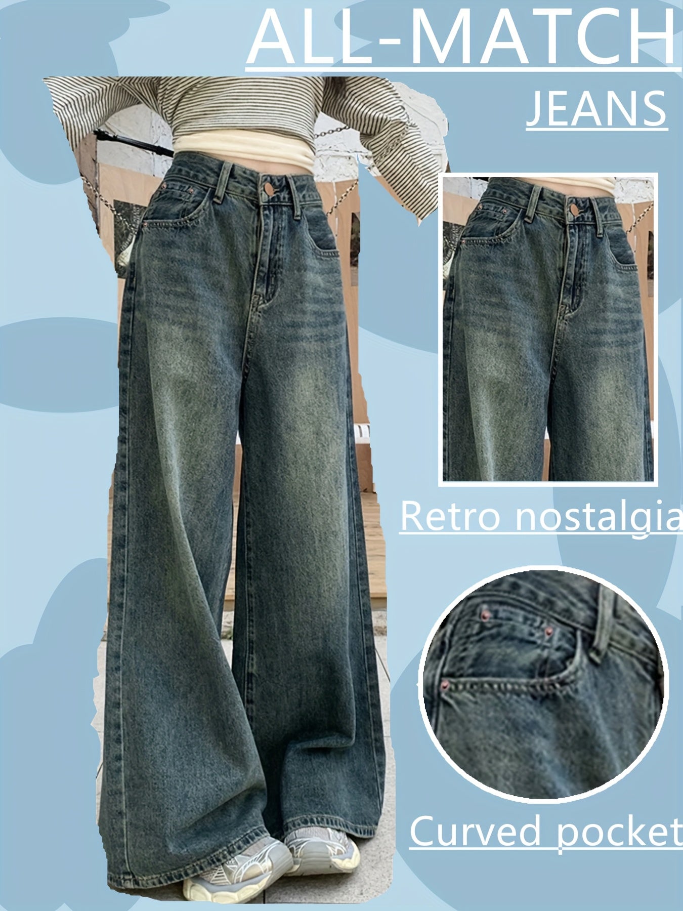 Jeans Femme Vintage Jambe Large Droite Non Extensible Taille Mi-Haute Toute Saison Décontracté et Formel