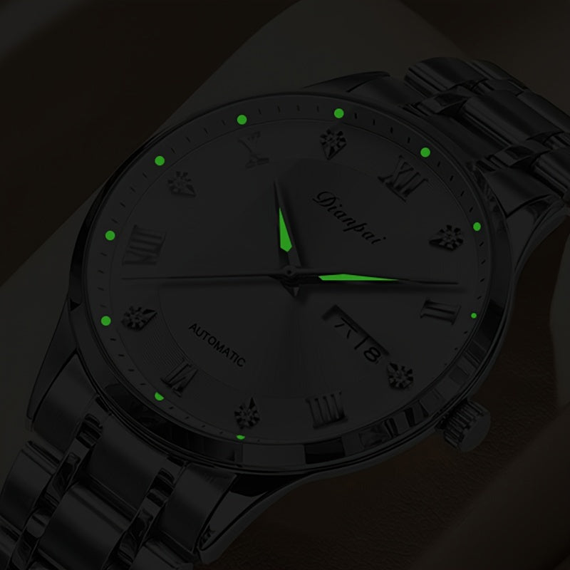 Men'S Automatic Mechanical Watch with Calendar & Date Display, Luminous Hands, Roman Numerals, Stainless Steel Strap & Case, Business Style Luxury Wristwatch, Date Display Watch | Elegant Wristwatch | Durable Watch, W