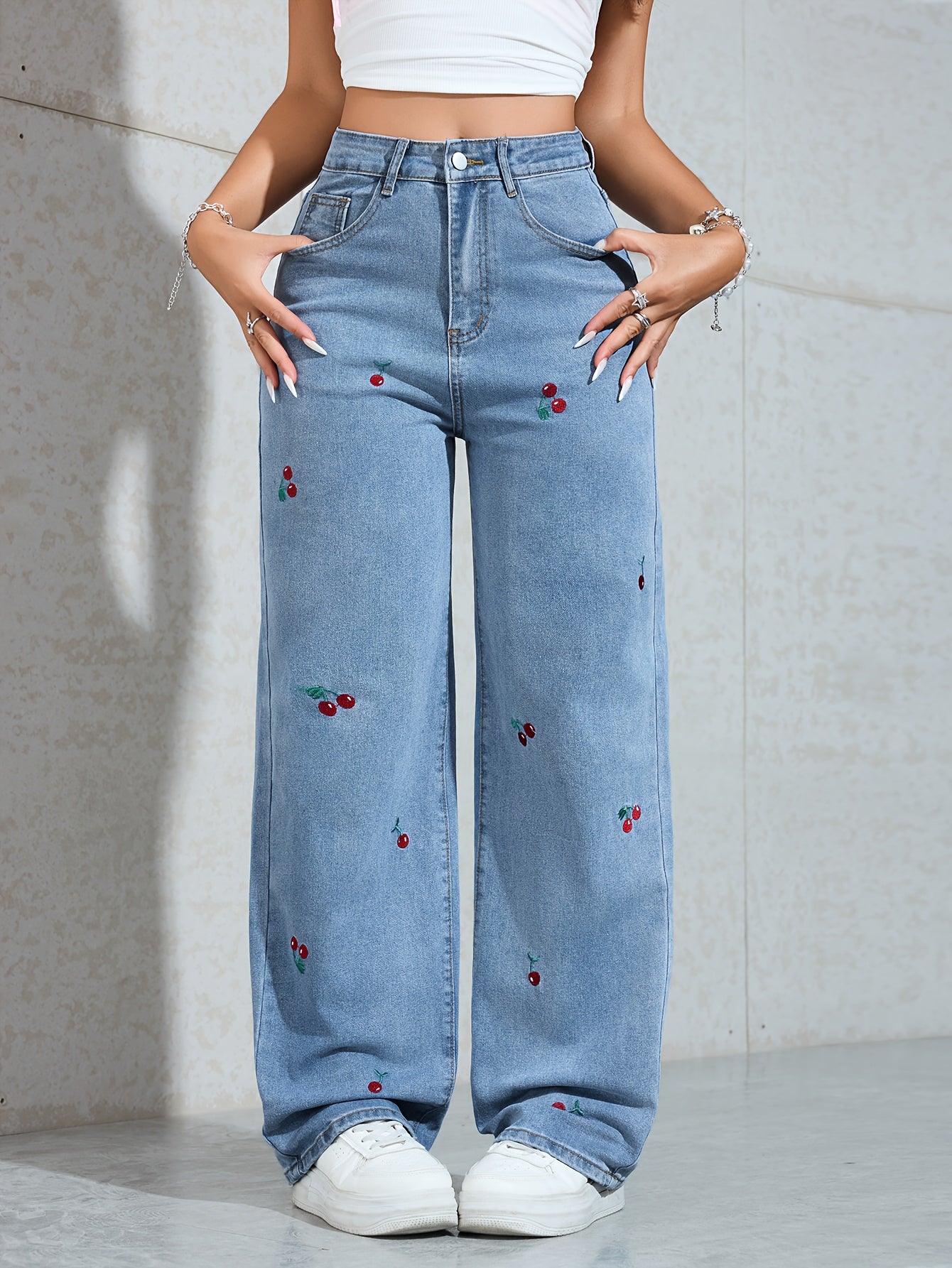 Jeans Femme Jambe Droite Large Faux Denim Broderie Cerise Extensible Effet Usé Confort Toute Saison Décontracté Durable