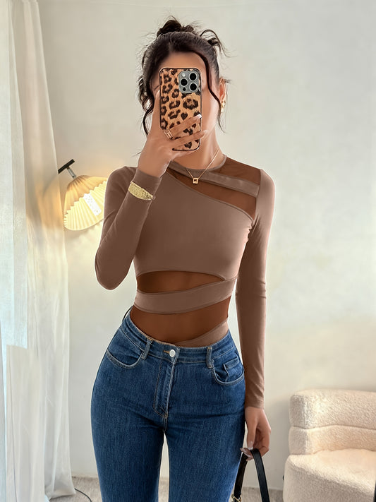 Combinaison Femme Sexy Hiver – Manches Longues, Body avec Panneaux en Mesh et Col, Fermeture Boutons Sombre, Tunique Extensible Couleur Unie Marron/Beige, Lavable en Machine, Idéal Soirées ou Tenue Décontractée