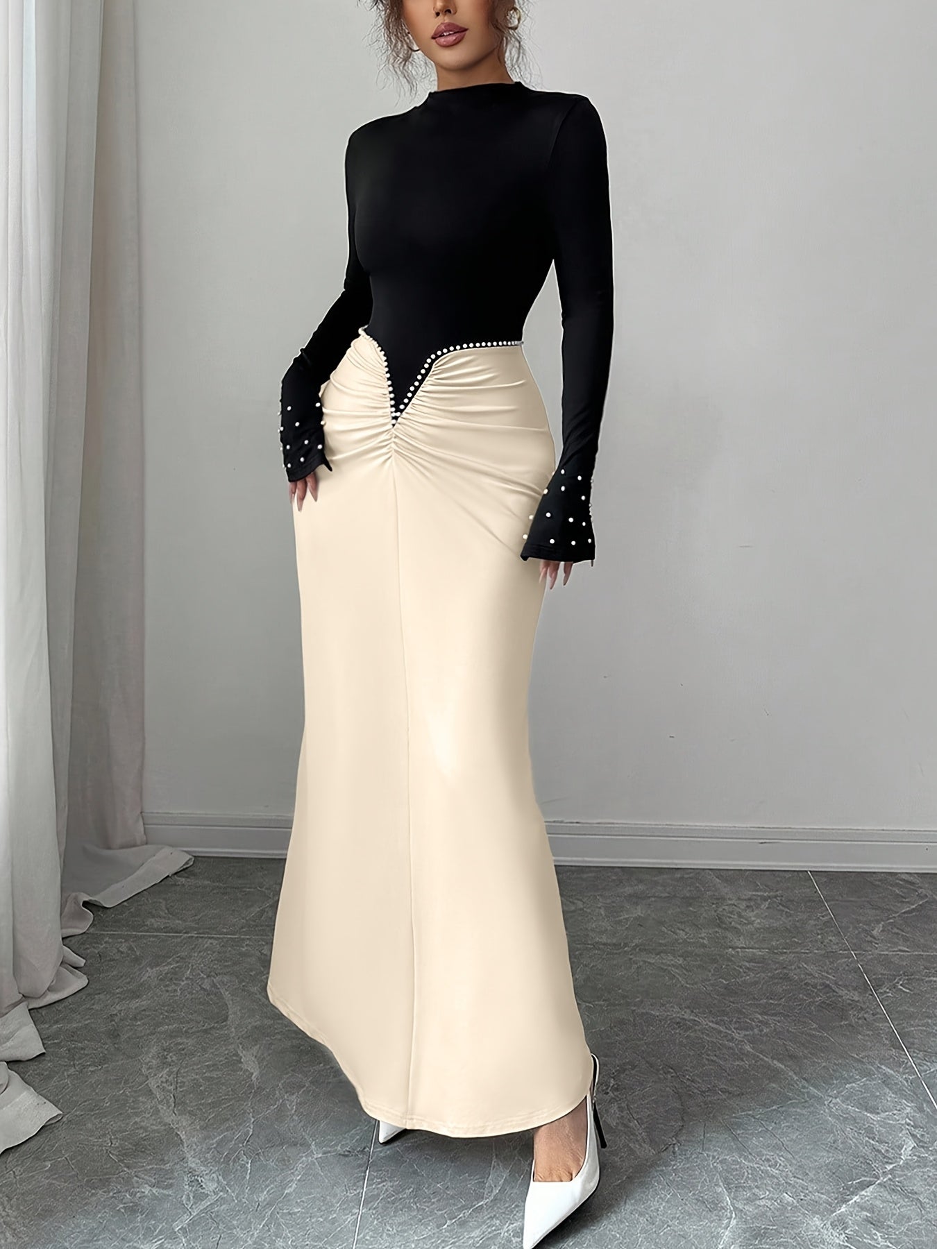 Women's Winter Long Evening Gown with Pearl & Color-Block Collar - Long Sleeve A-Line Dress Suitable for Christmas, New Year's Eve, Weddings, Proms - Elegant Party & Commuting Attire - Machine Washable High Elasticity Dress