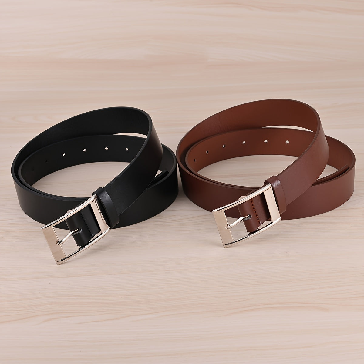 Lot de 2 ceintures fines en PU pour femmes – Boucle rectangulaire, noir et marron, tailles standard et grande taille, polyvalentes pour usage décontracté et bureau, design élégant, boucle métallique