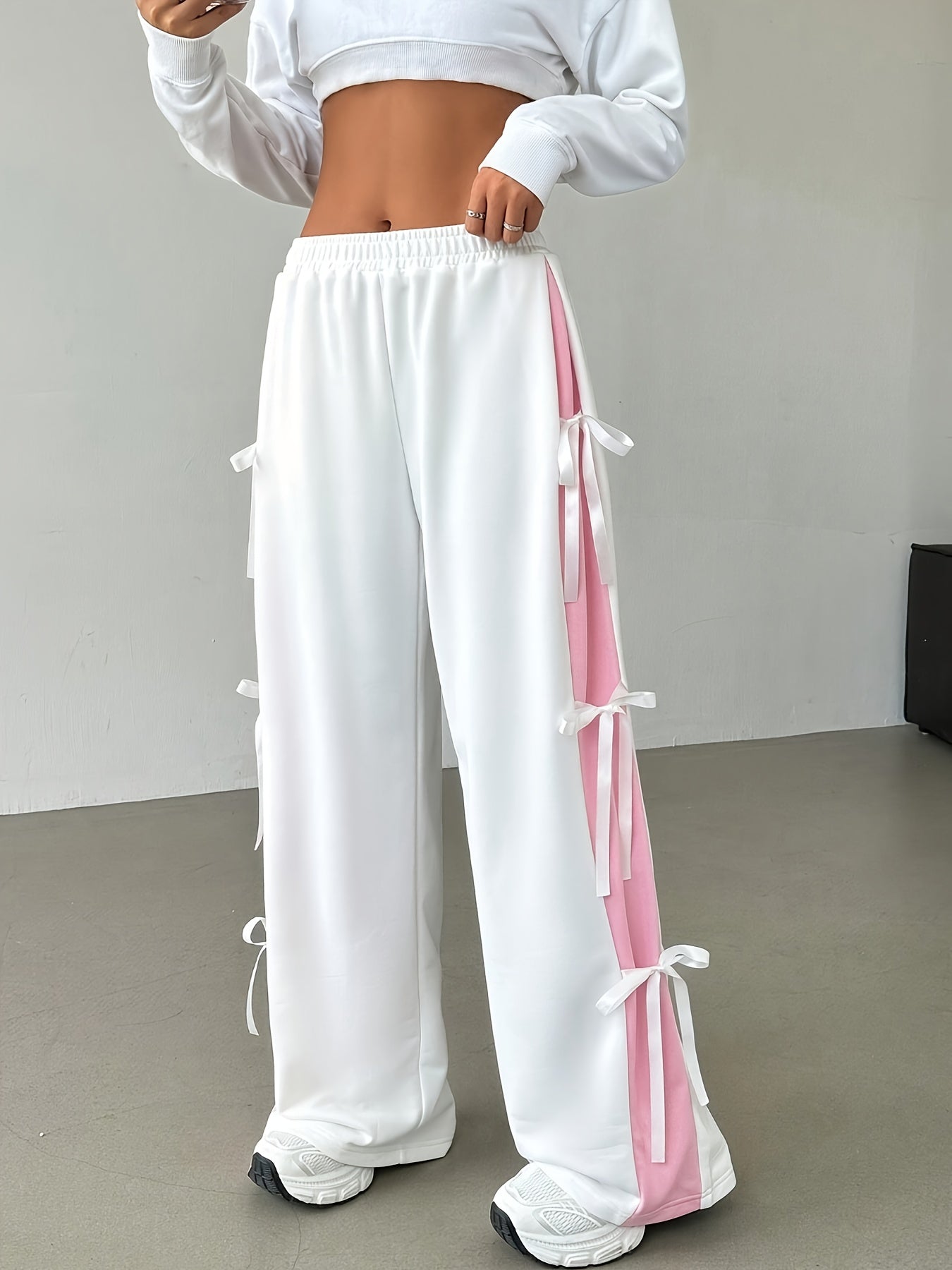 Pantalon Femme Taille Haute – Jambe Large avec Rayures Contraste Rose/Blanc, Taille Élastique à Cordon, Décontracté, Printemps/Été/Automne