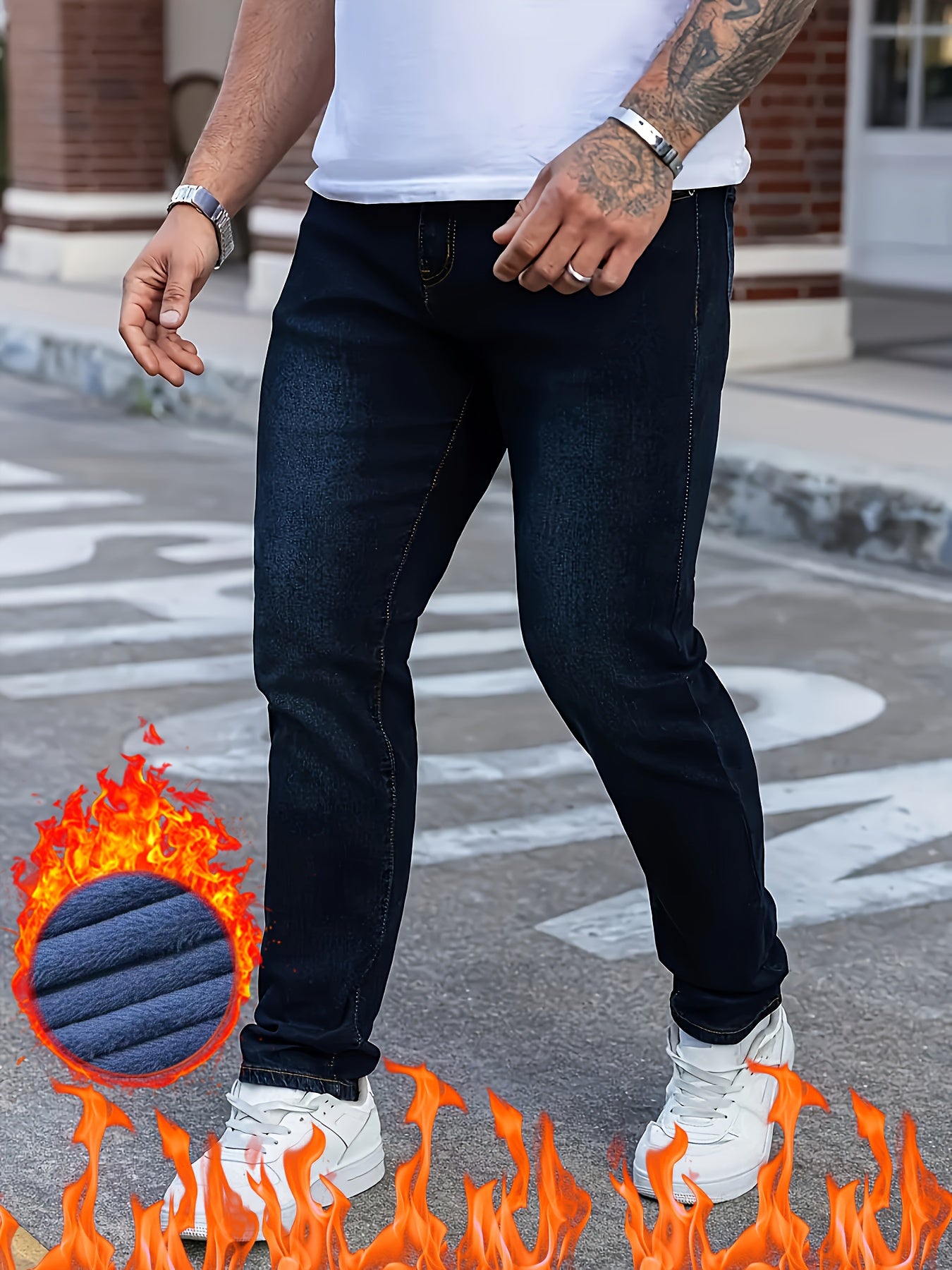 Pantalon classique pour homme automne/hiver – coupe slim, doublure polaire, tissu extensible, bleu foncé