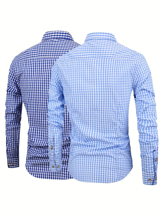 Men's cotton plaid casual long sleeve shirt; 2pcs